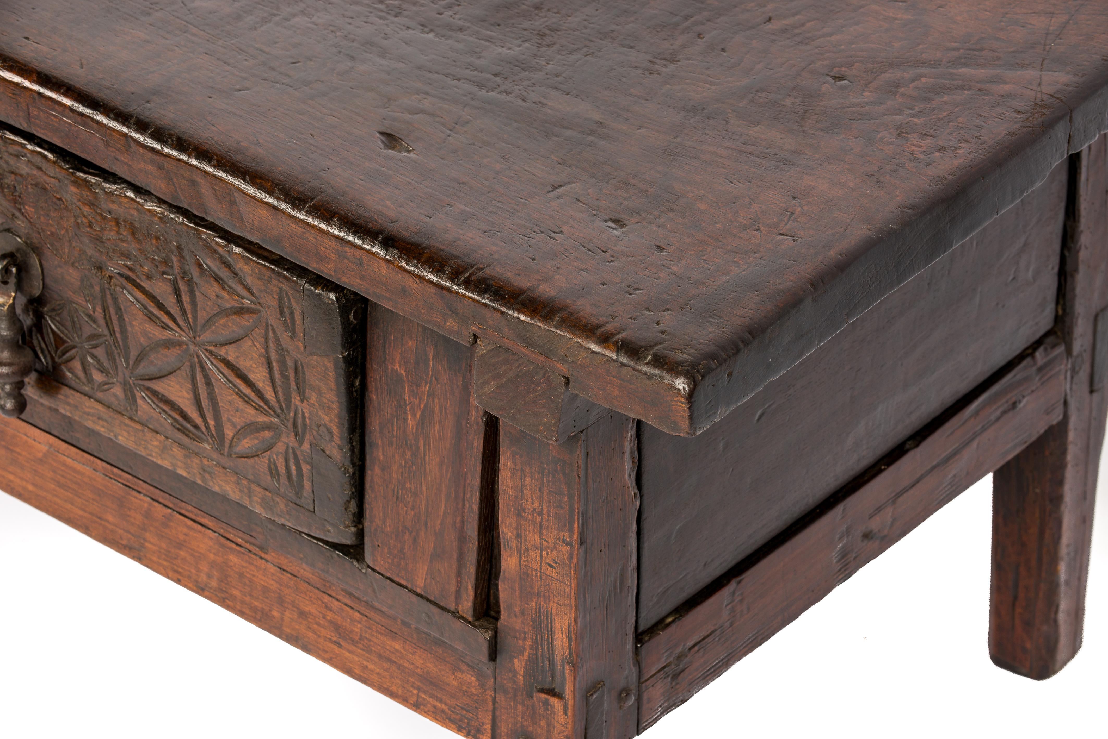Antique 18th-Century Rustic Spanish Chestnut Coffee Table with Geometric Carving 4