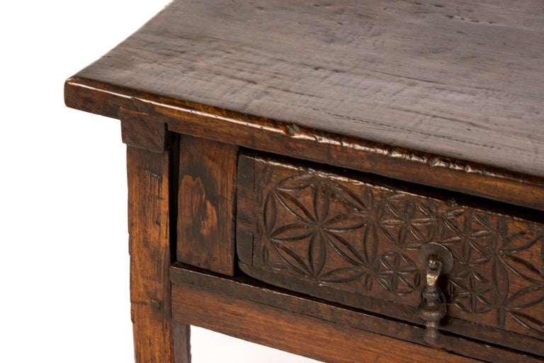 Antique 18th-Century Rustic Spanish Chestnut Coffee Table with Geometric Carving For Sale 4