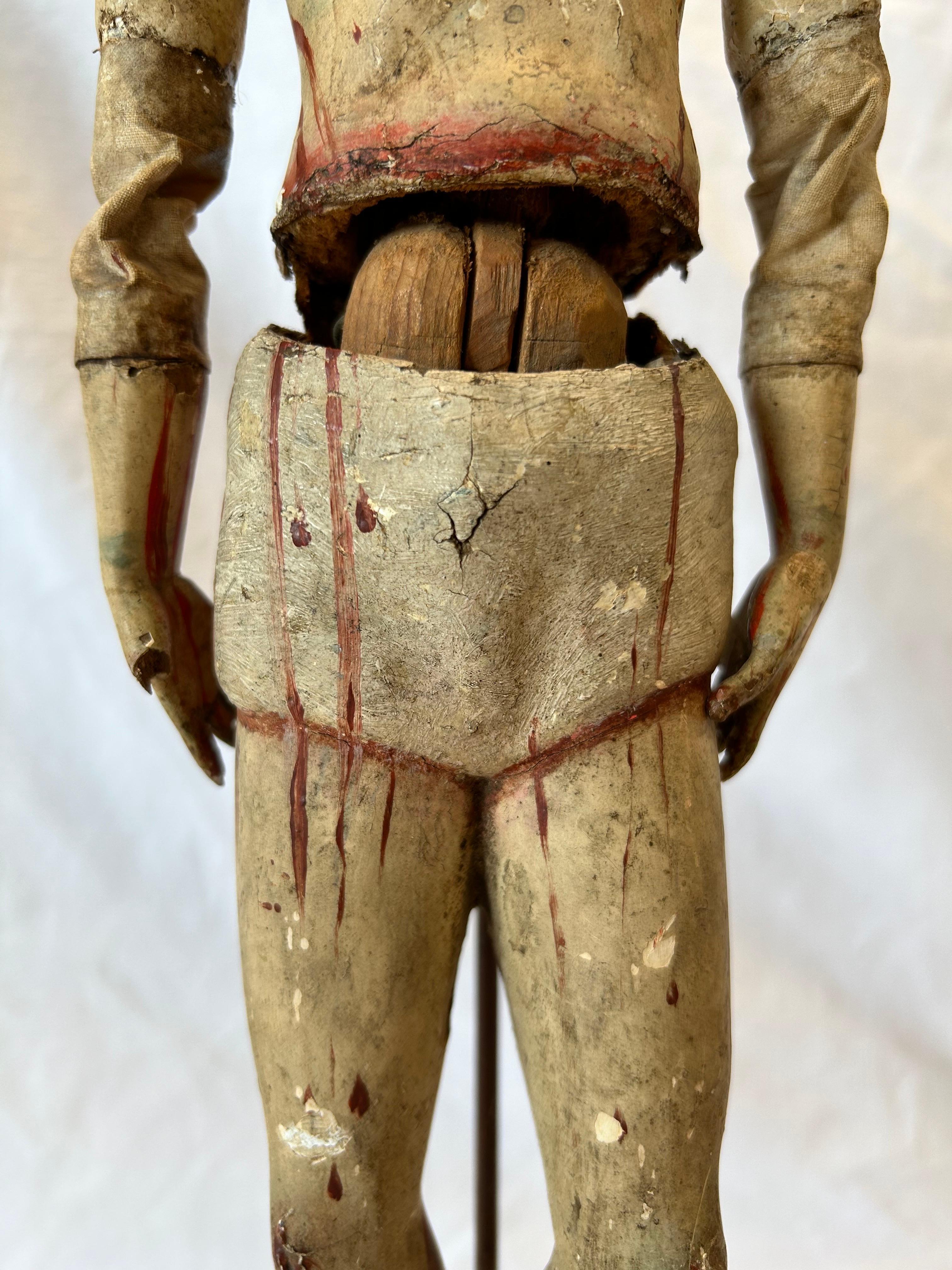 Antique 18th Century Santos Jointed Puppet Figure Relic Polychrome Custom Stand For Sale 6