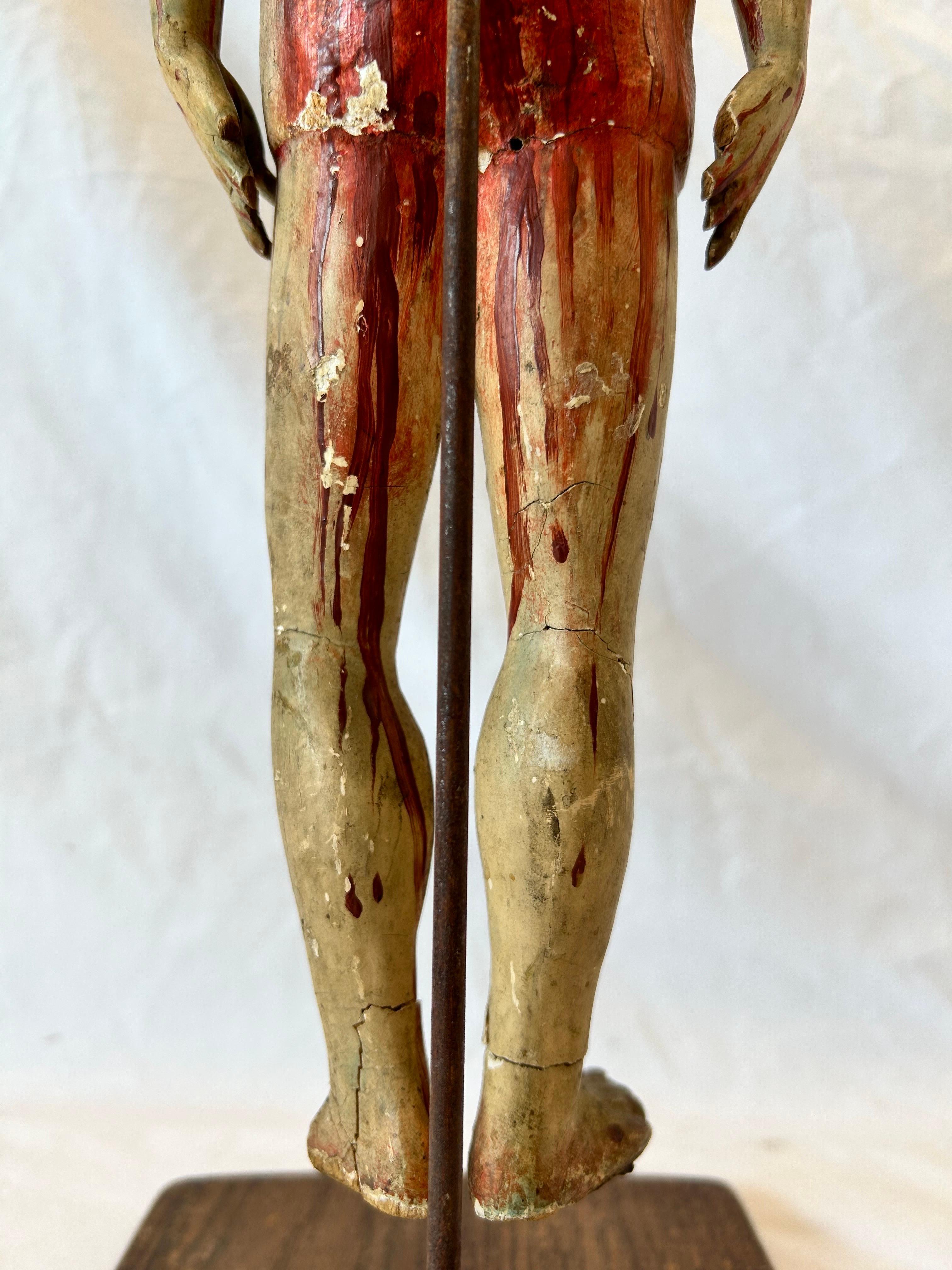 Metal Antique 18th Century Santos Jointed Puppet Figure Relic Polychrome Custom Stand For Sale