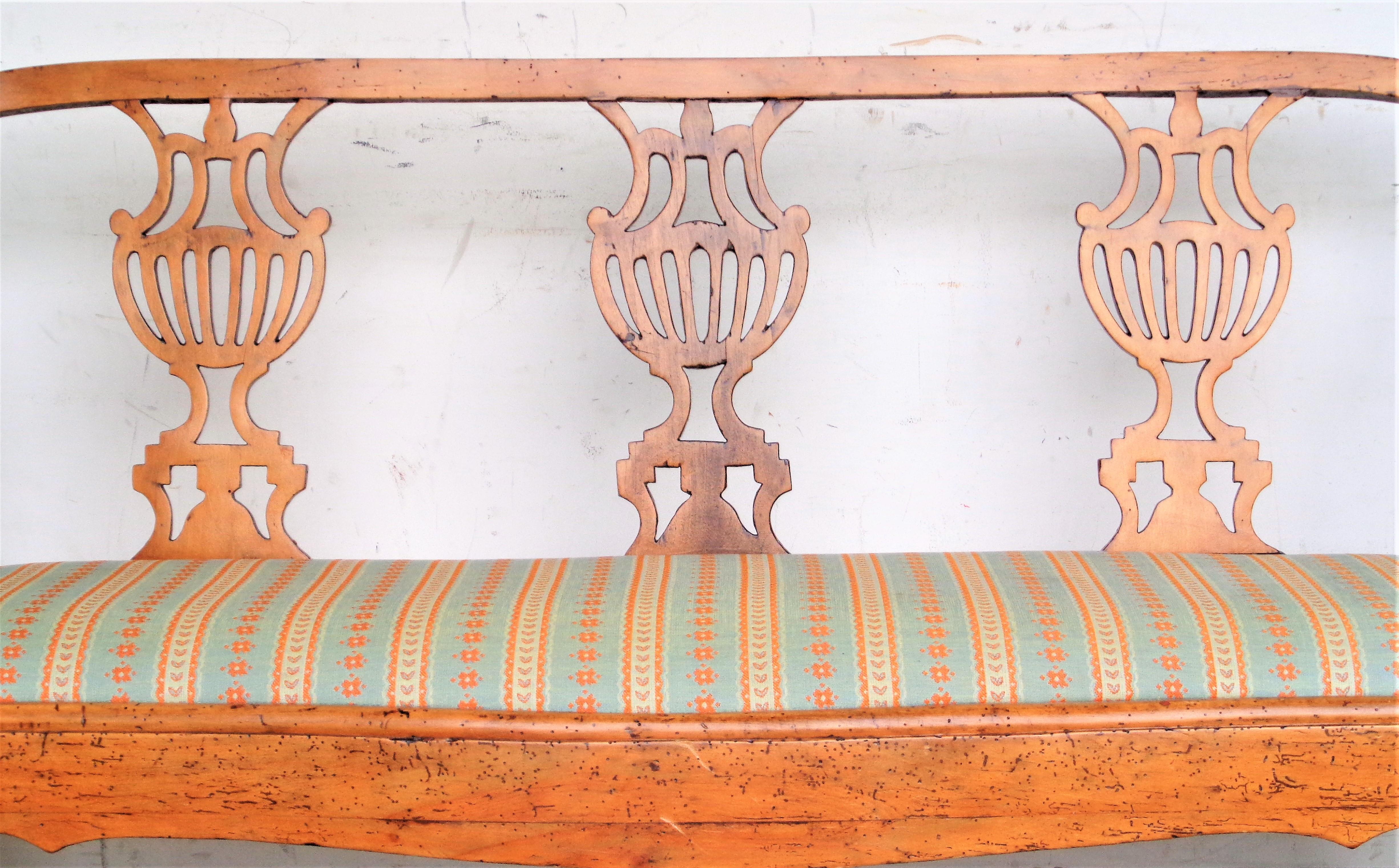 Antique 18th century Scandinavian carved fruit wood settee ( Sweden or Denmark in origin ) with early period joinery construction and beautiful glowing warm surface colors. Circa 1780. Look at all pictures and read condition report in comment