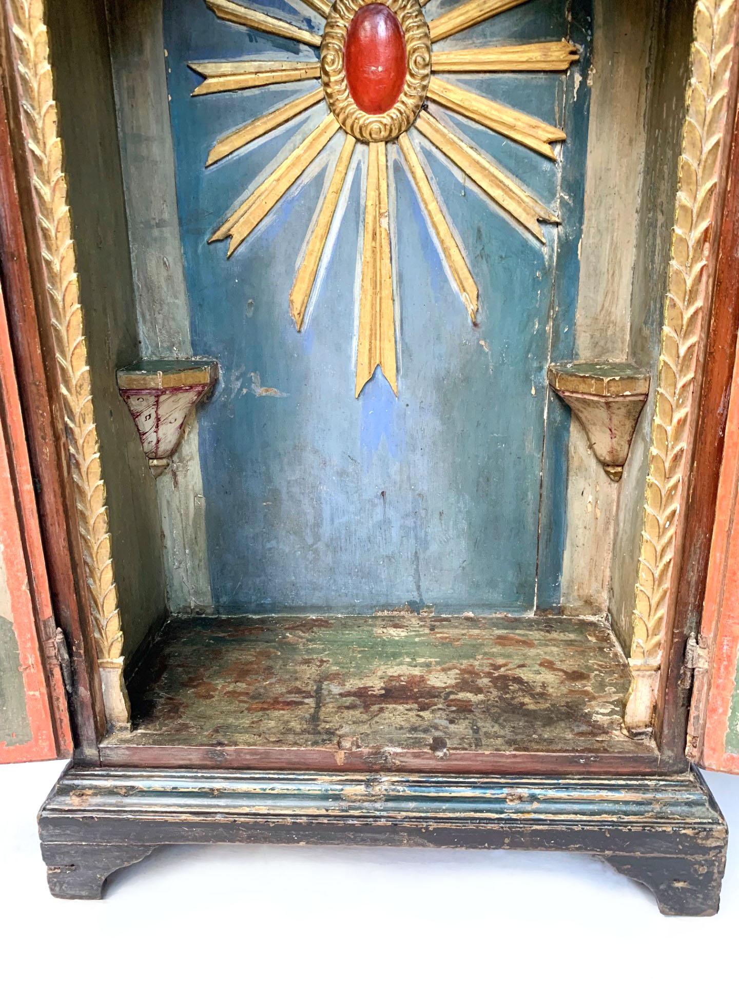 18th Century and Earlier Antique 18th Century  Shrine Retablo Baroque Carved and Painted Wood  For Sale