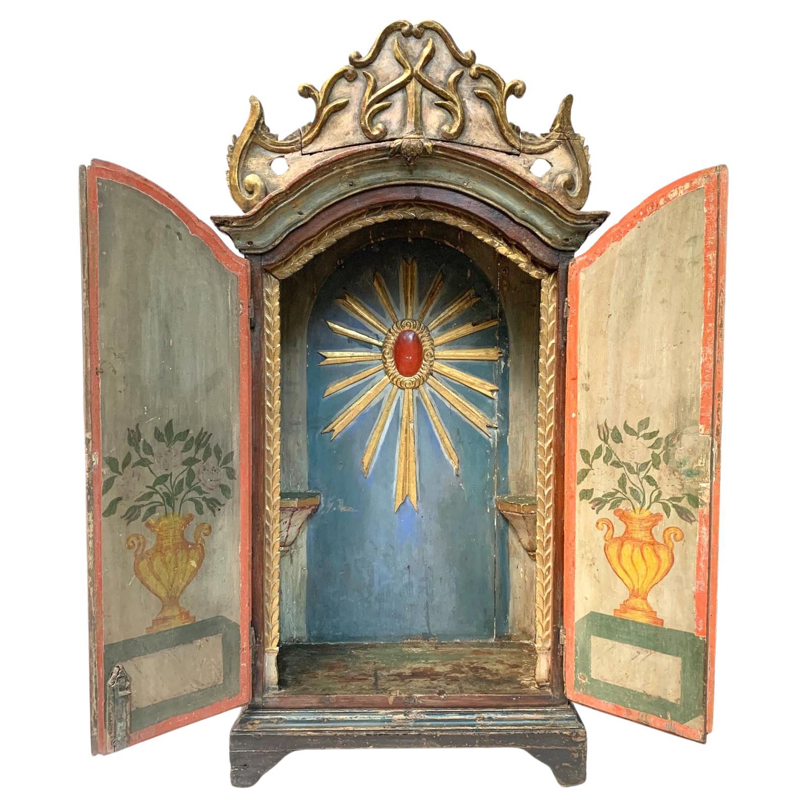 Antique 18th Century  Shrine Retablo Baroque Carved and Painted Wood  For Sale