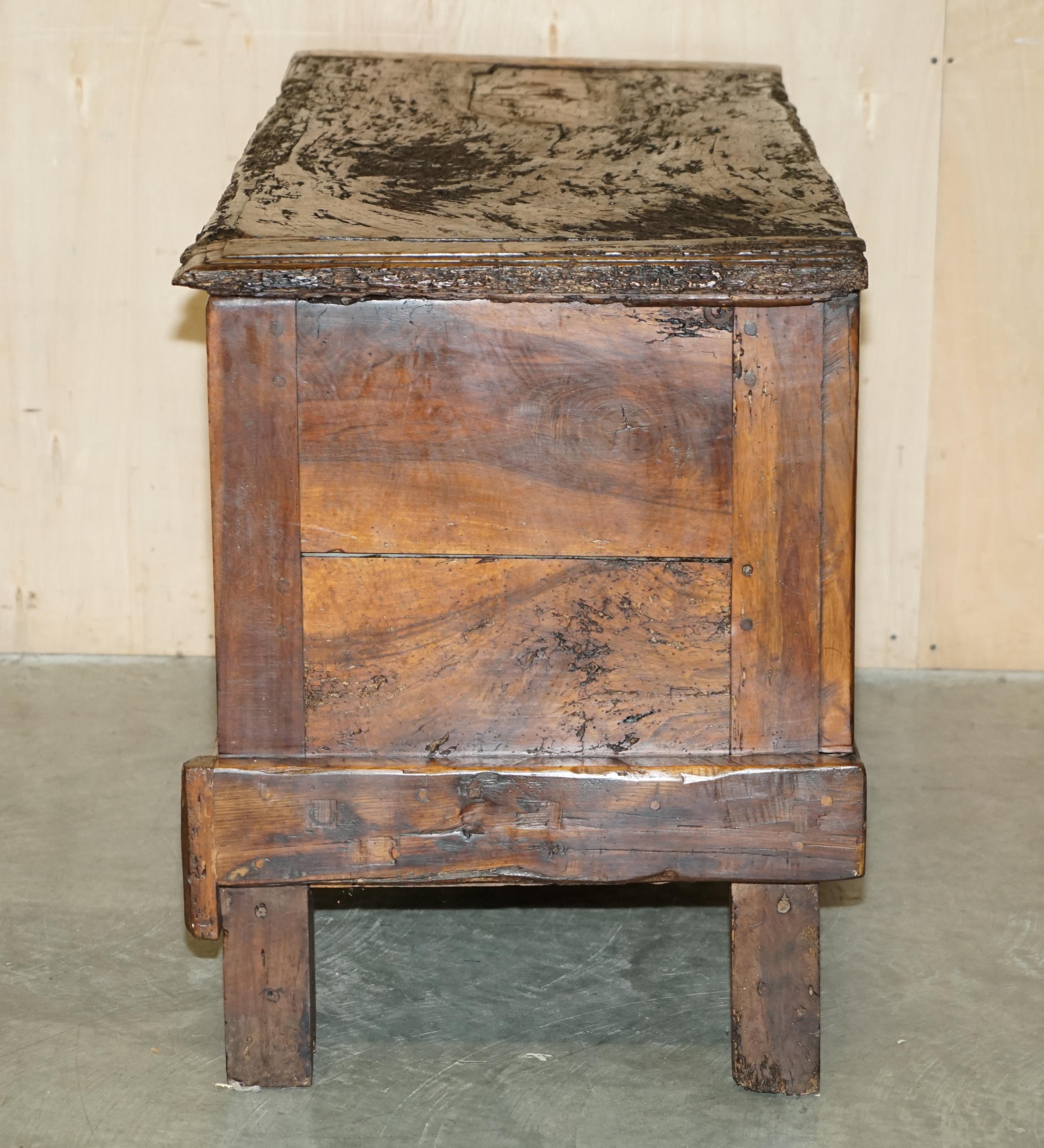 ANTiQUE 18TH CENTURY SIX PLANK HEAVILY BURRED CHESTNUT WOOD TRUNK CHEST For Sale 11