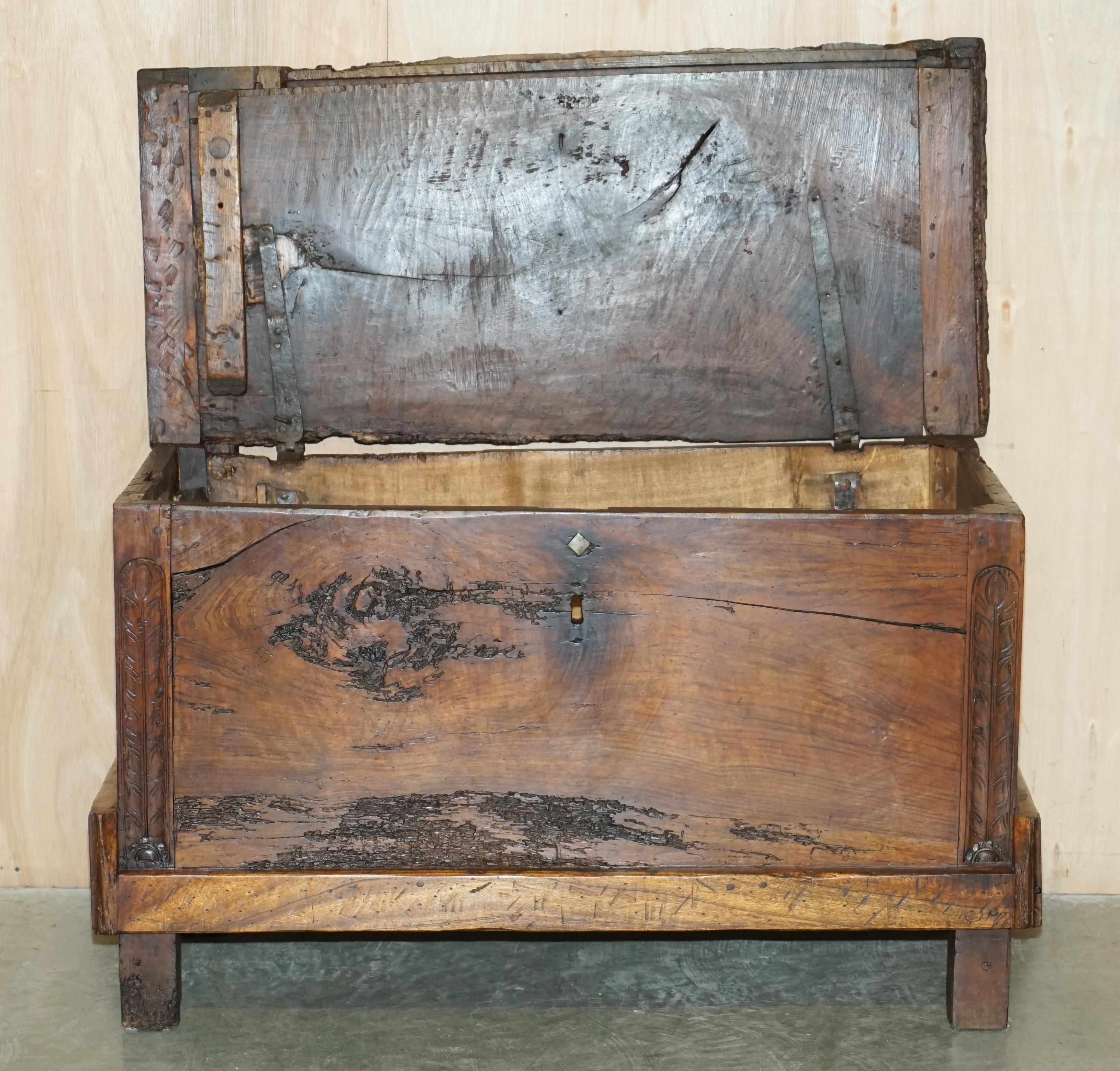 ANTiQUE 18TH CENTURY SIX PLANK HEAVILY BURRED CHESTNUT WOOD TRUNK CHEST For Sale 12
