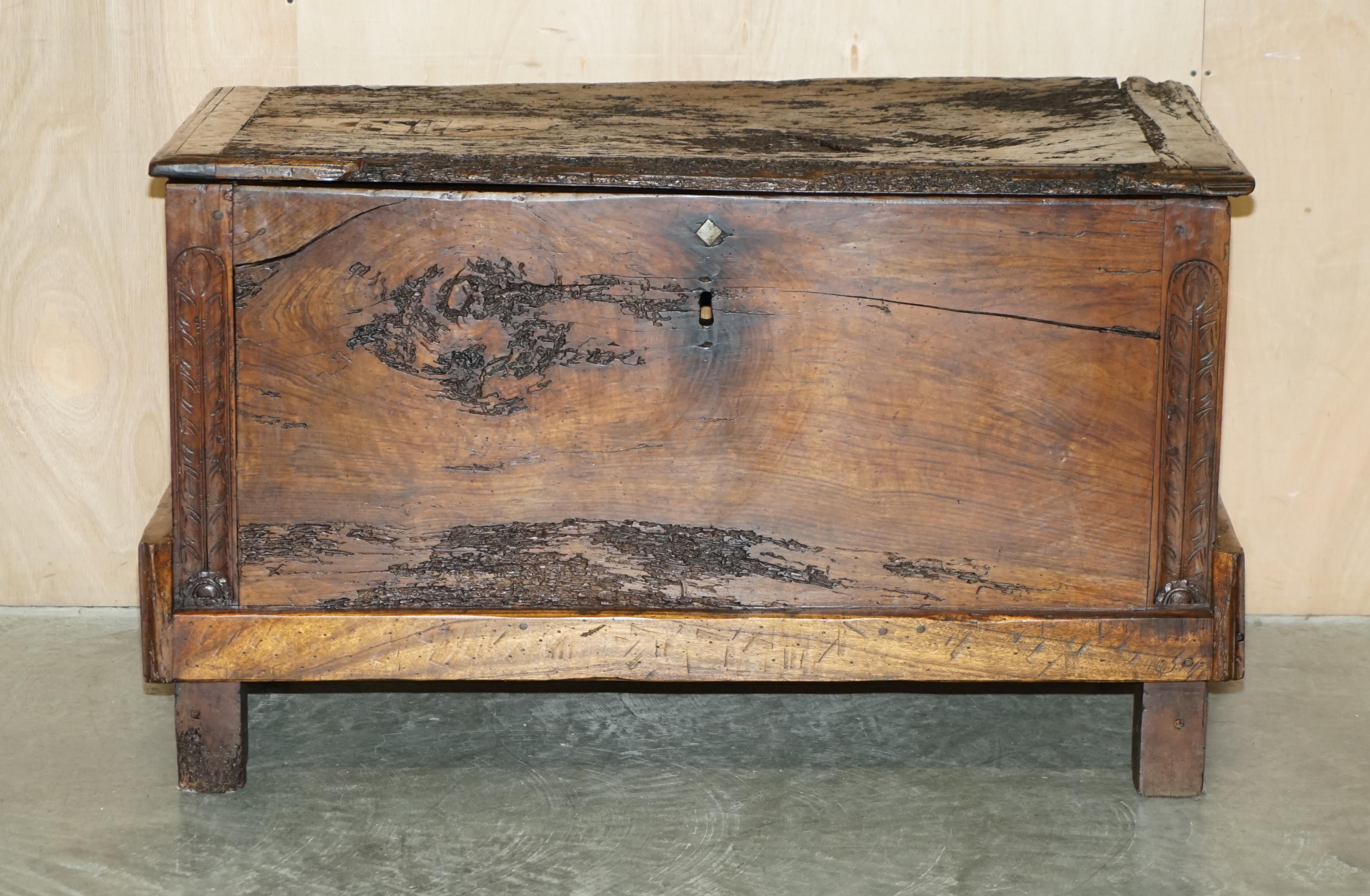 Georgian ANTiQUE 18TH CENTURY SIX PLANK HEAVILY BURRED CHESTNUT WOOD TRUNK CHEST For Sale