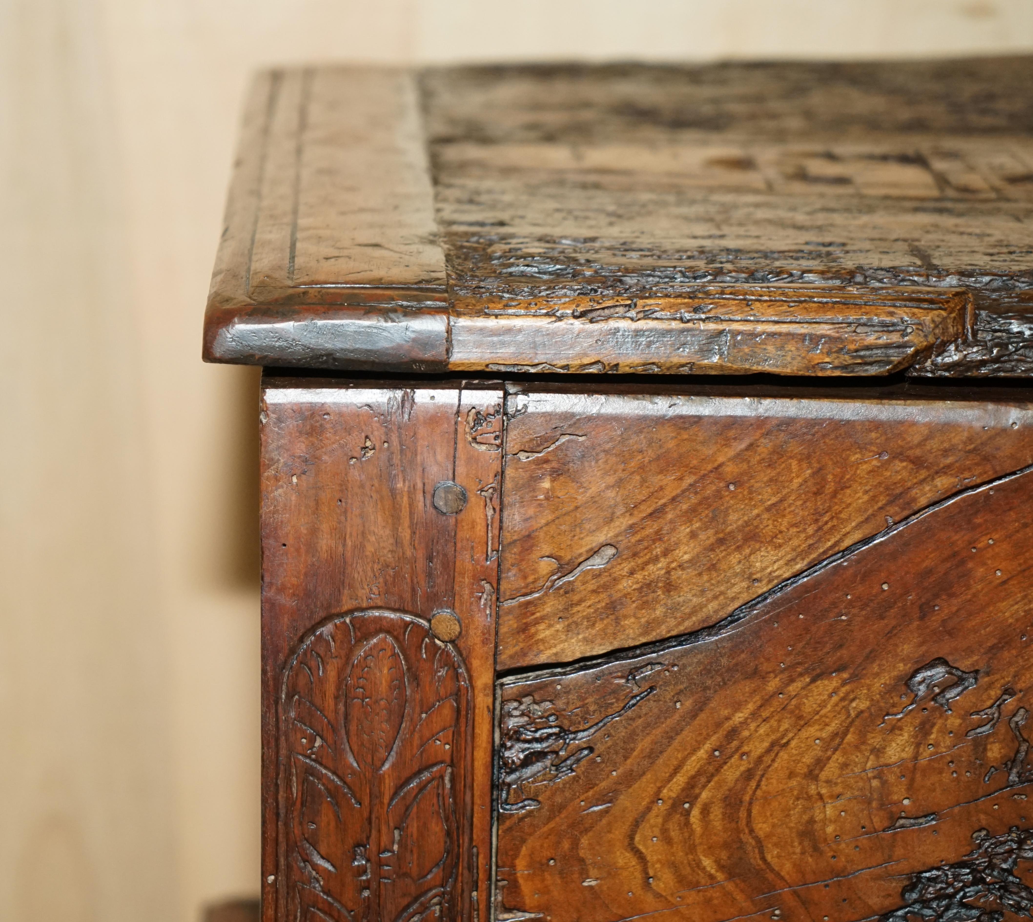 Hand-Crafted ANTiQUE 18TH CENTURY SIX PLANK HEAVILY BURRED CHESTNUT WOOD TRUNK CHEST For Sale