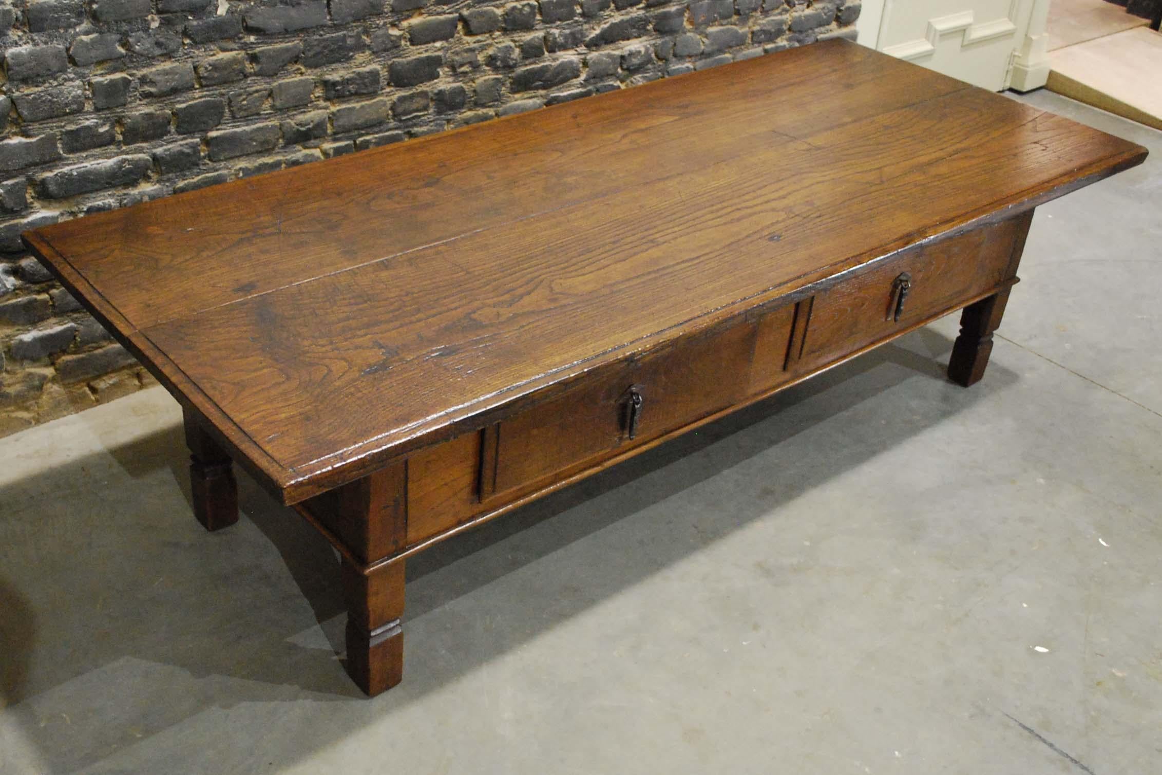 Forged Antique 18th Century Spanish Coffee Table in Solid Chestnut Wood