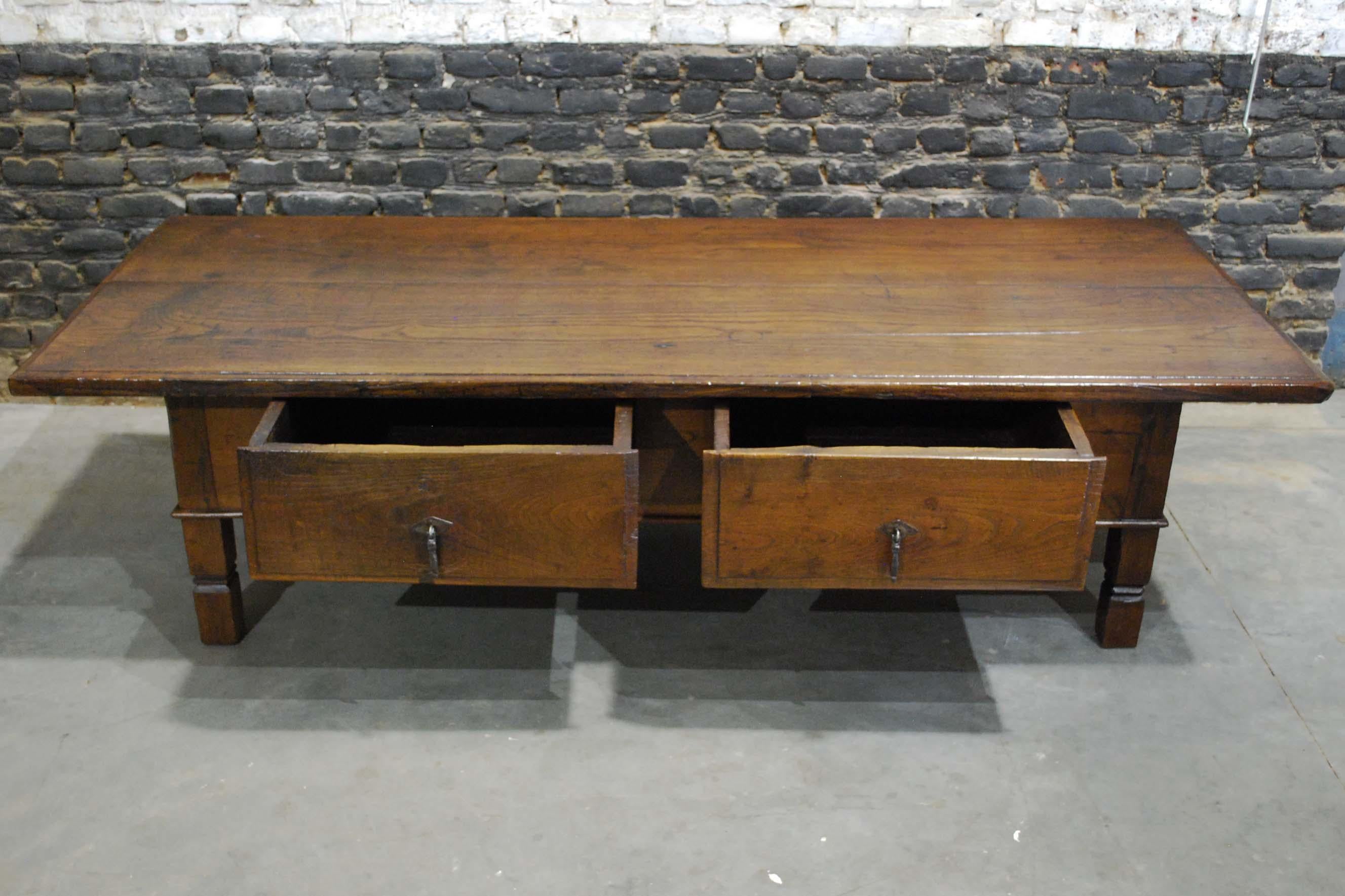 Steel Antique 18th Century Spanish Coffee Table in Solid Chestnut Wood