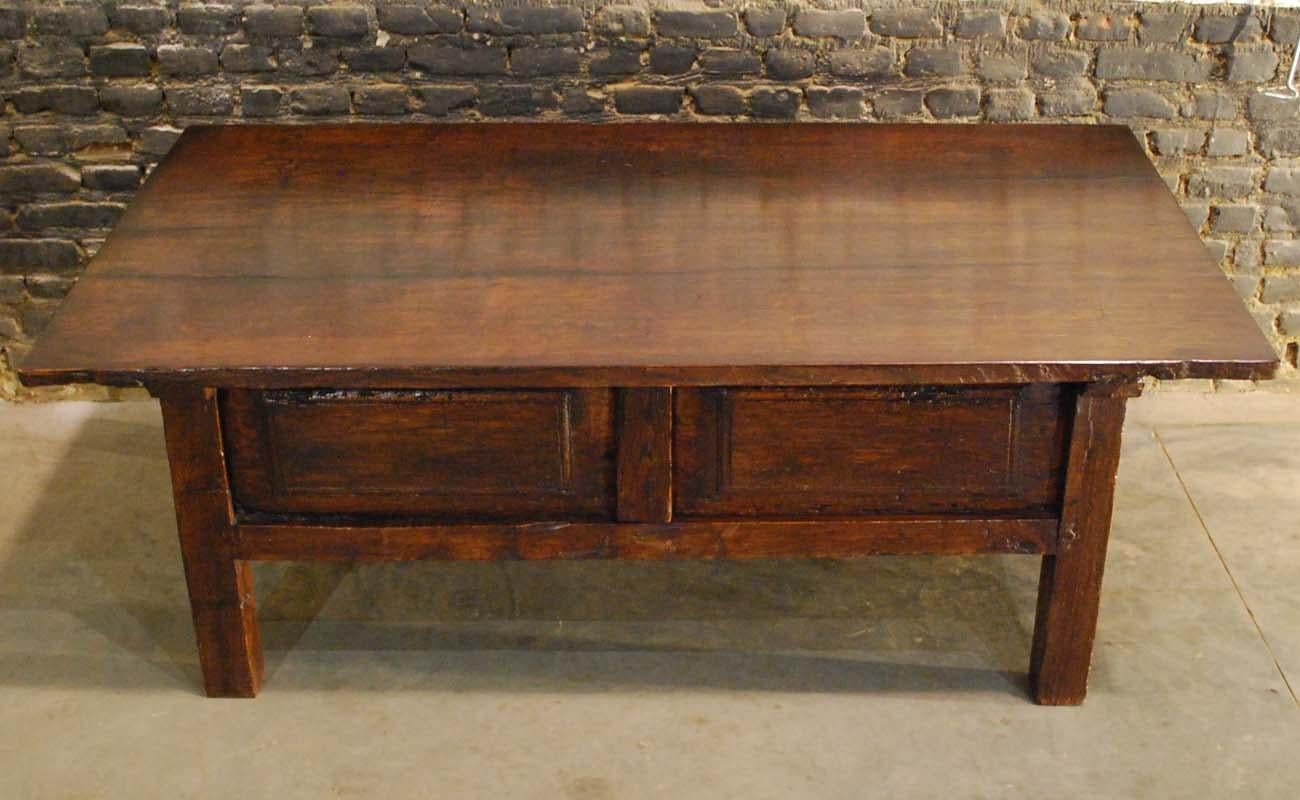 Steel Antique 18th Century Spanish Coffee Table in Solid Chestnut Wood