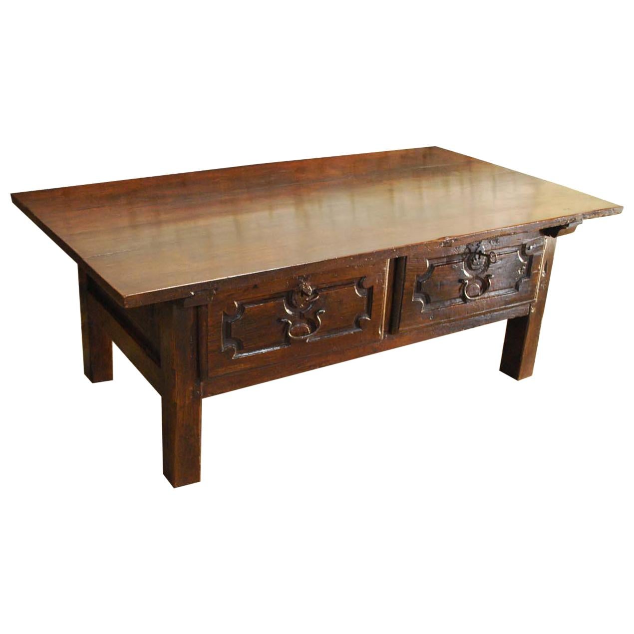 Antique 18th Century Spanish Coffee Table in Solid Chestnut Wood