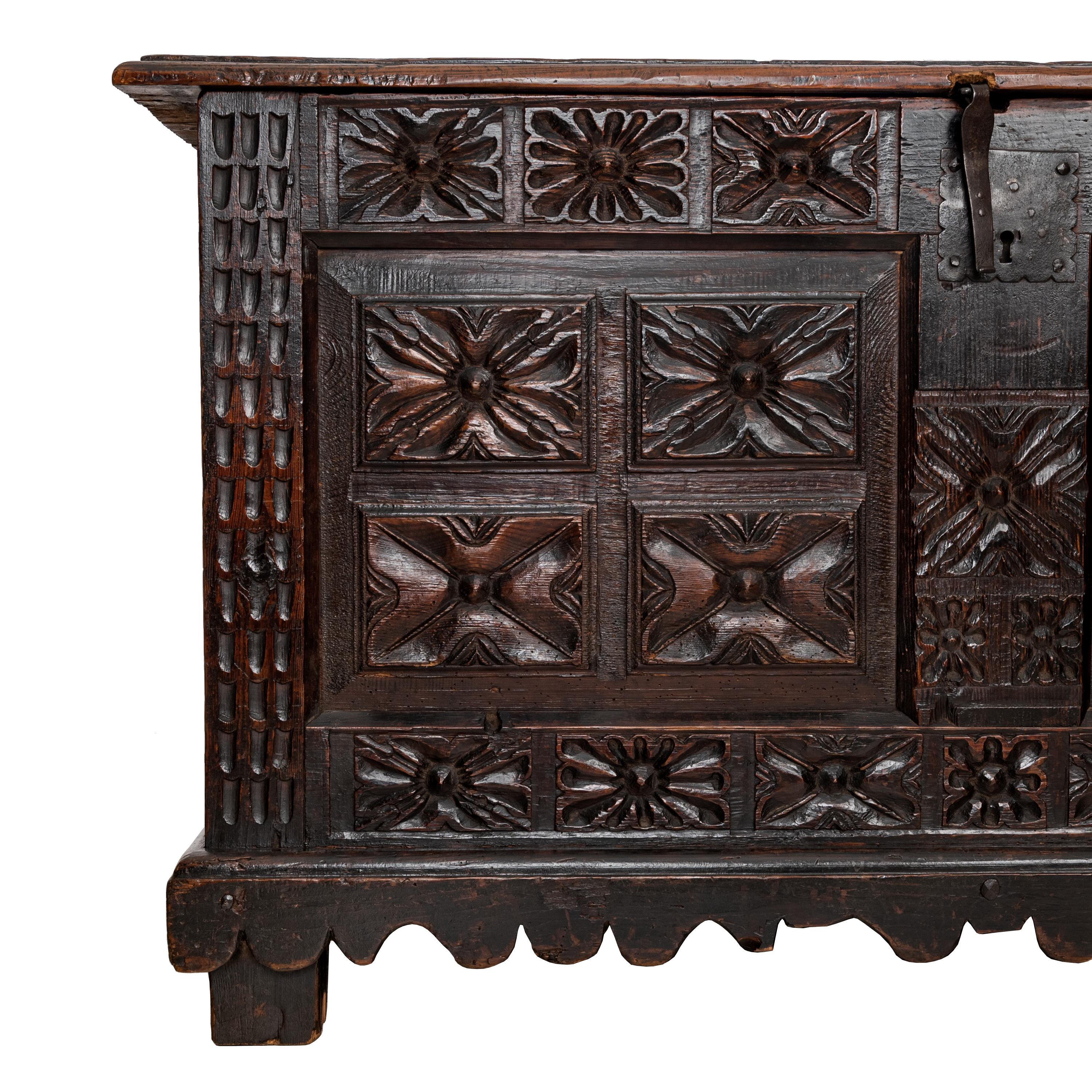 Mexican Antique 18th Century Spanish Colonial Carved Cedar Coffer Chest Mexico 1750 For Sale