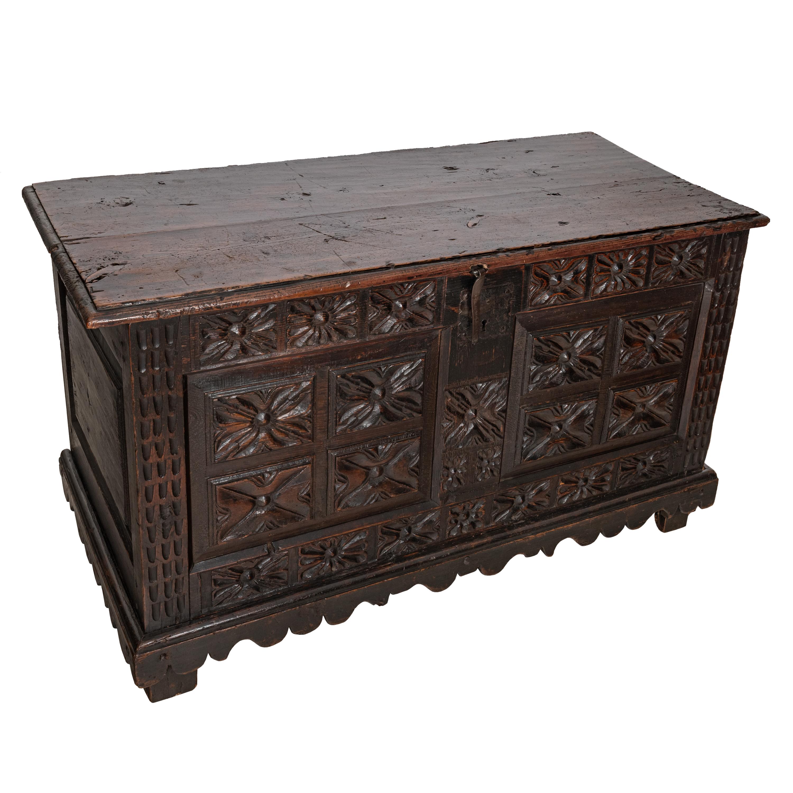 Antique 18th Century Spanish Colonial Carved Cedar Coffer Chest Mexico 1750 For Sale 3