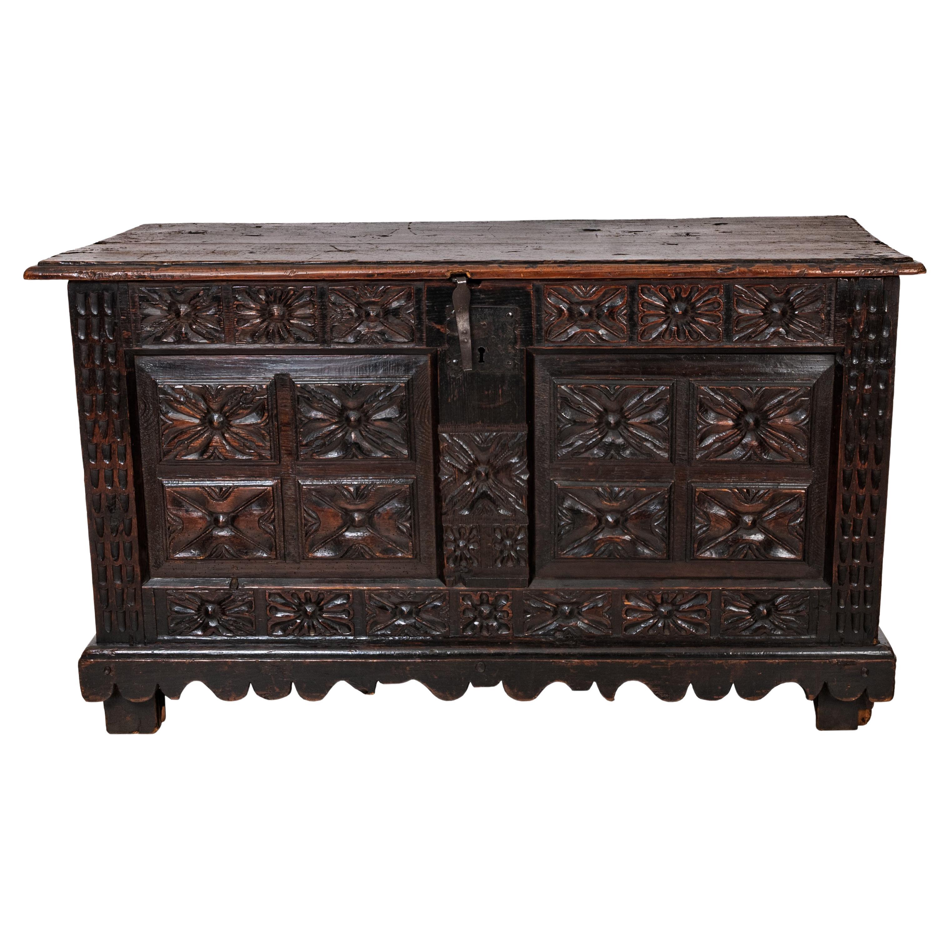 Antique 18th Century Spanish Colonial Carved Cedar Coffer Chest Mexico 1750 For Sale