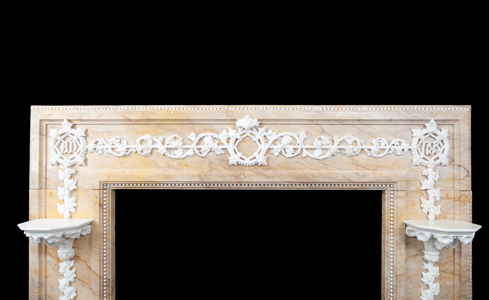 Carved Antique 18th Century Statuary and Sienna Mantelpiece For Sale