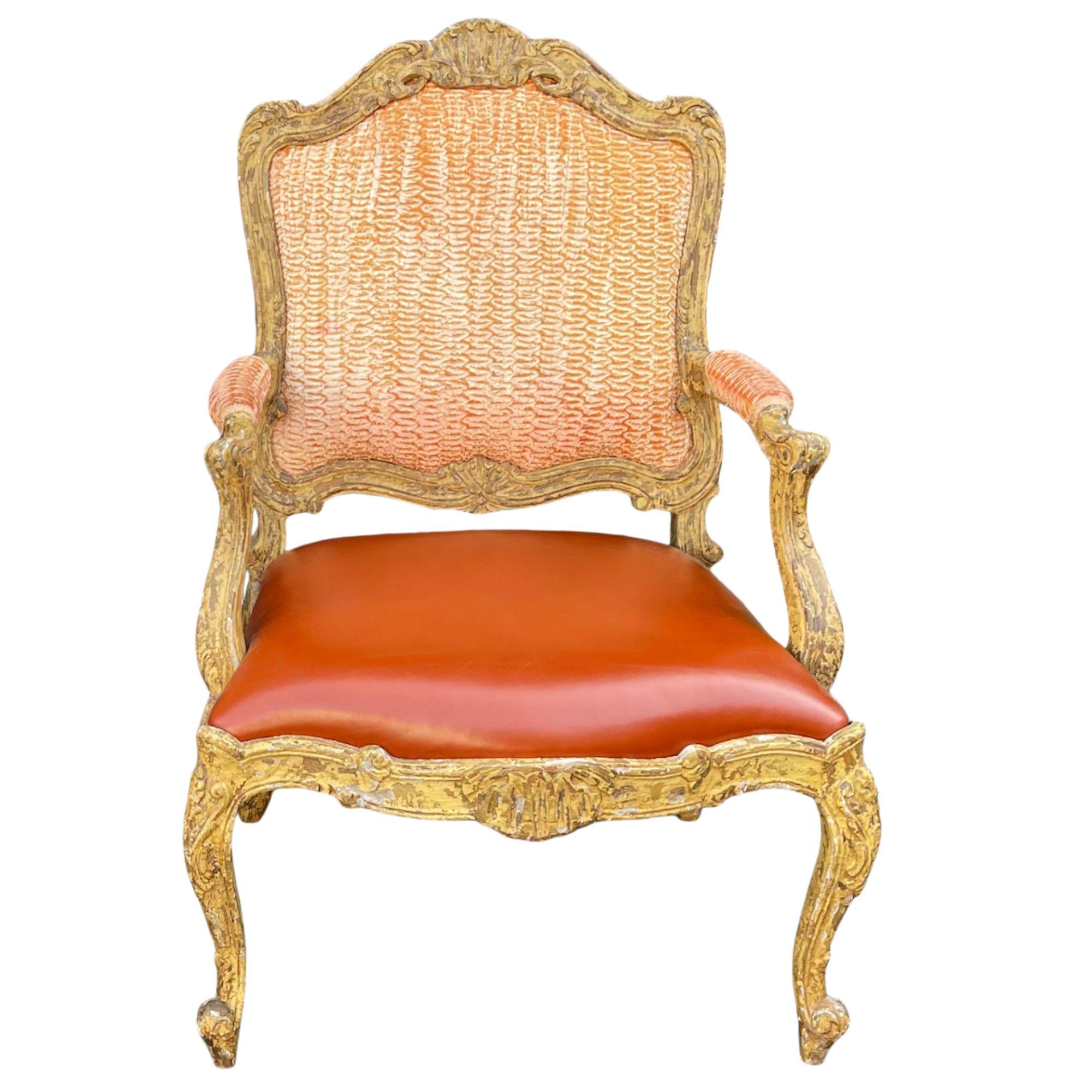 Antique 18th century style Venetian carved Italian armchair. 

Priced each.

Additional information: 
Materials: giltwood
Color: Burnt Orange
Period: 19th century
Styles: Italian
Number of Seats: 1
Item Type: Vintage, Antique or