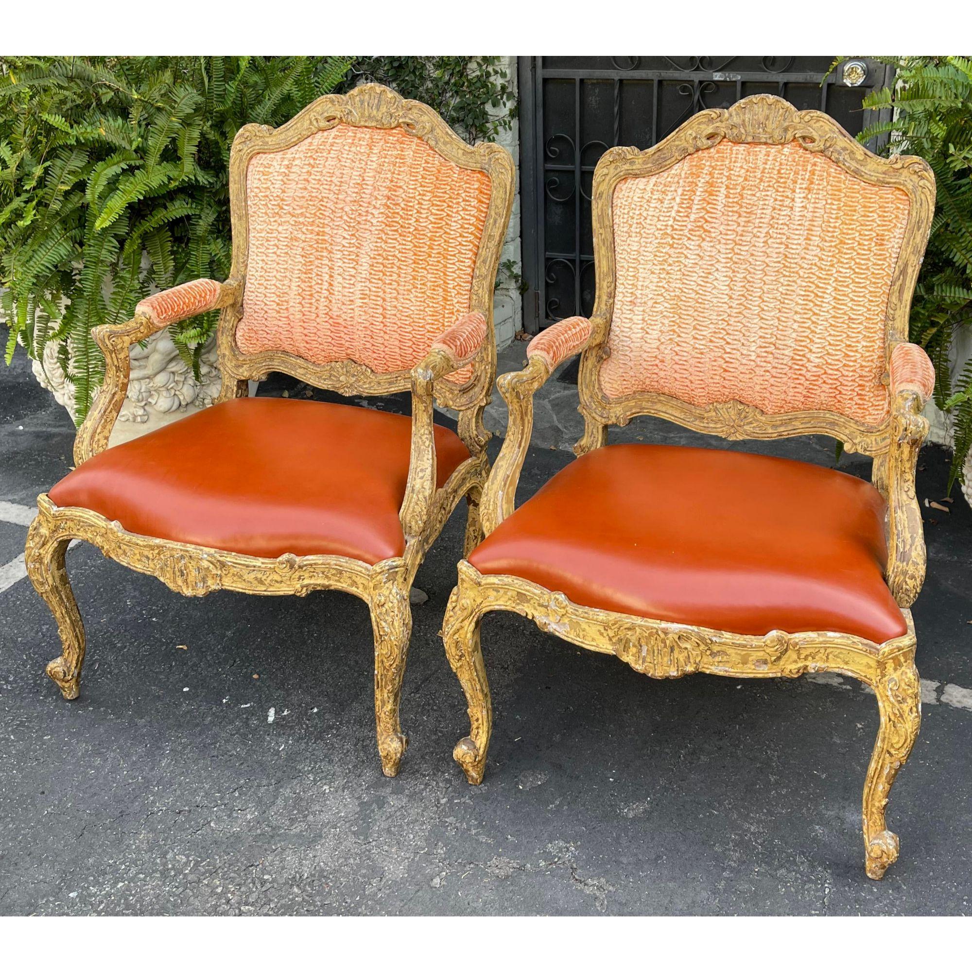 Louis XV Antique 18th Century Style Venetian Orange Leather Armchair For Sale