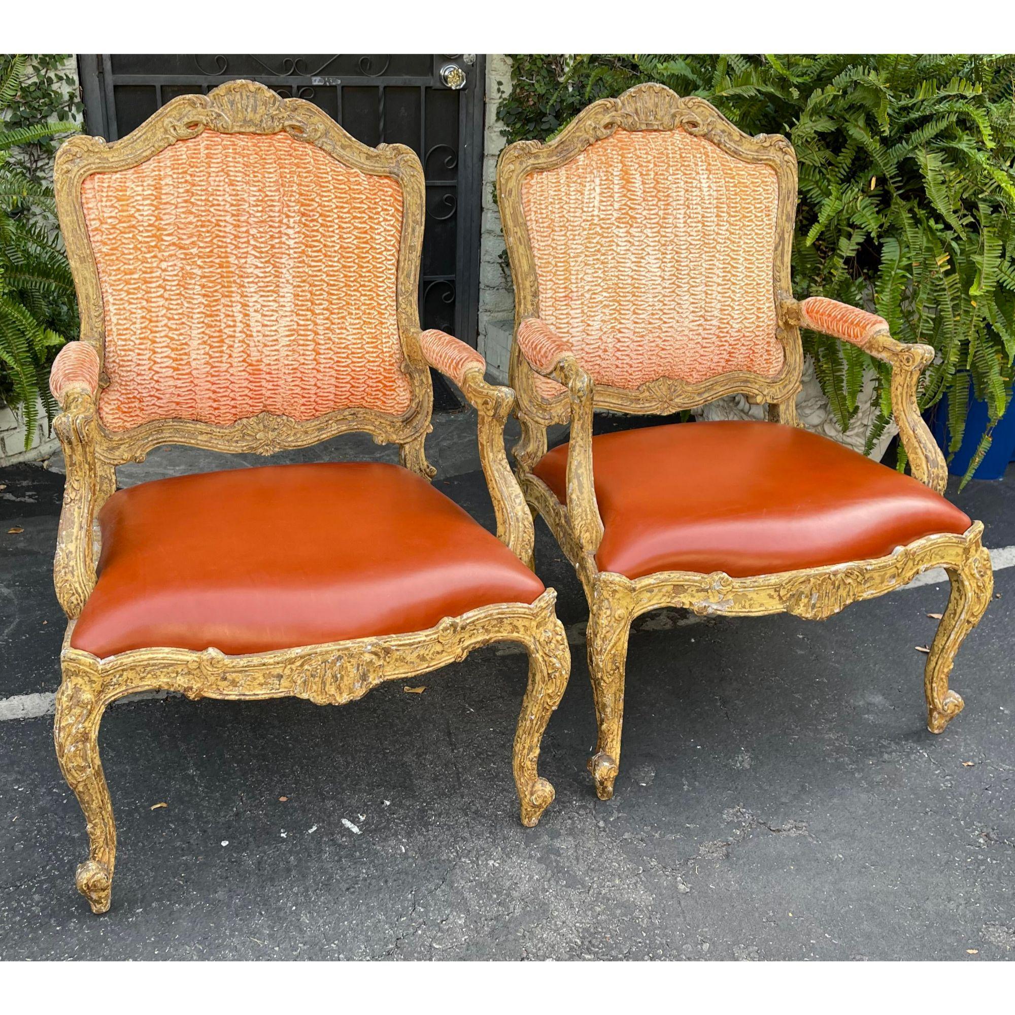 Antique 18th Century Style Venetian Orange Leather Armchair In Good Condition For Sale In LOS ANGELES, CA