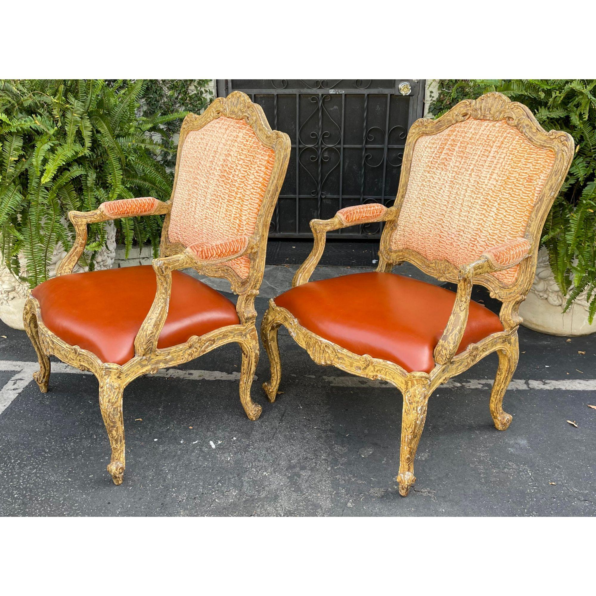 19th Century Antique 18th Century Style Venetian Orange Leather Armchair For Sale