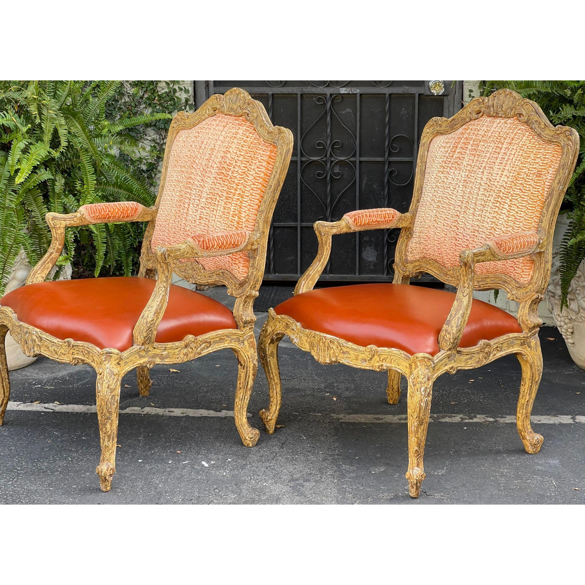 Giltwood Antique 18th Century Style Venetian Orange Leather Armchair For Sale