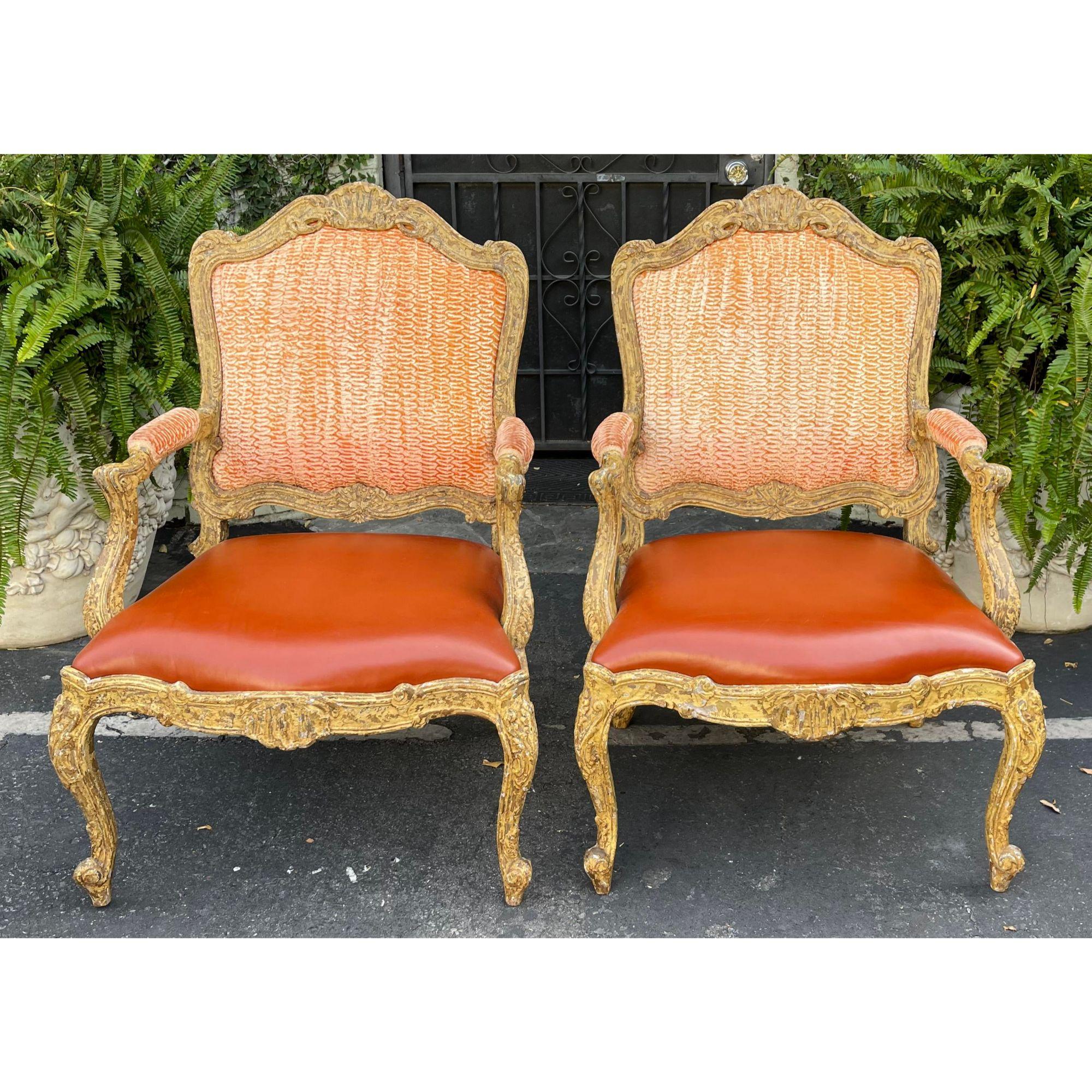 Antique 18th Century Style Venetian Orange Leather Armchair For Sale 1