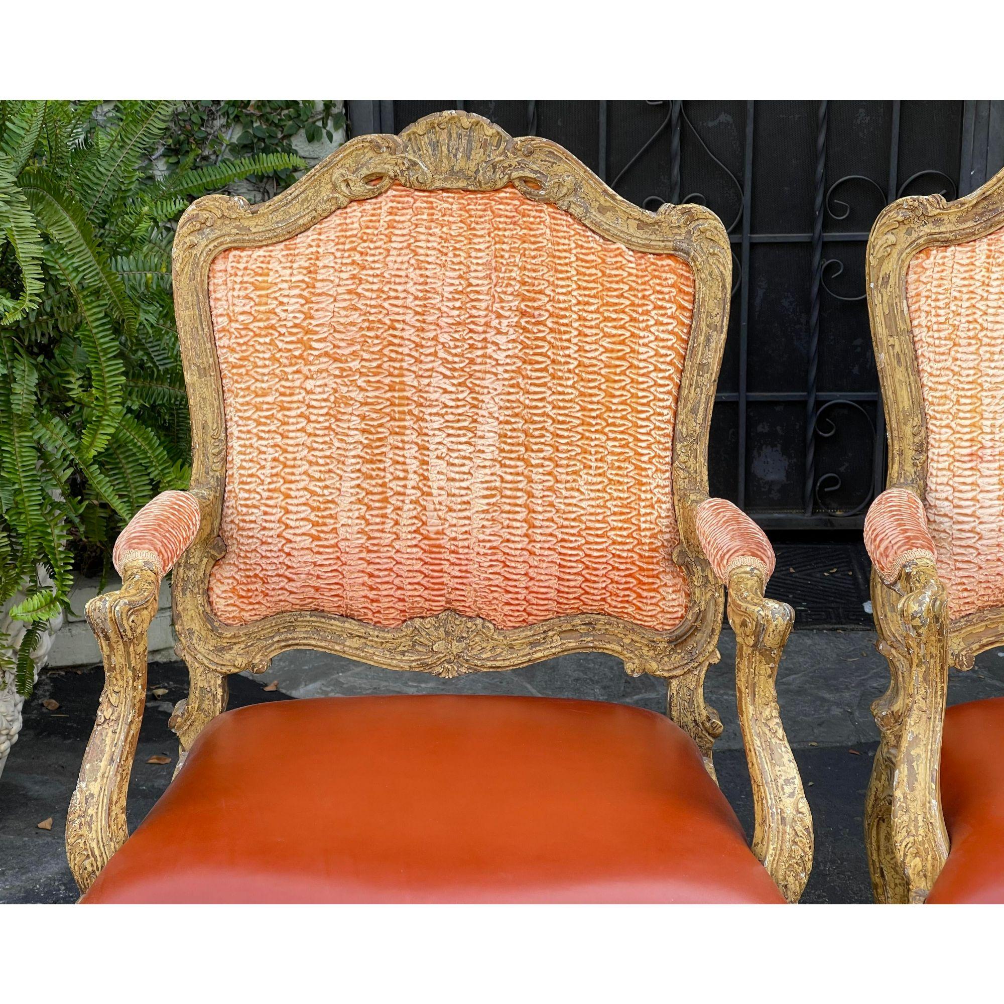 Antique 18th Century Style Venetian Orange Leather Armchair For Sale 2