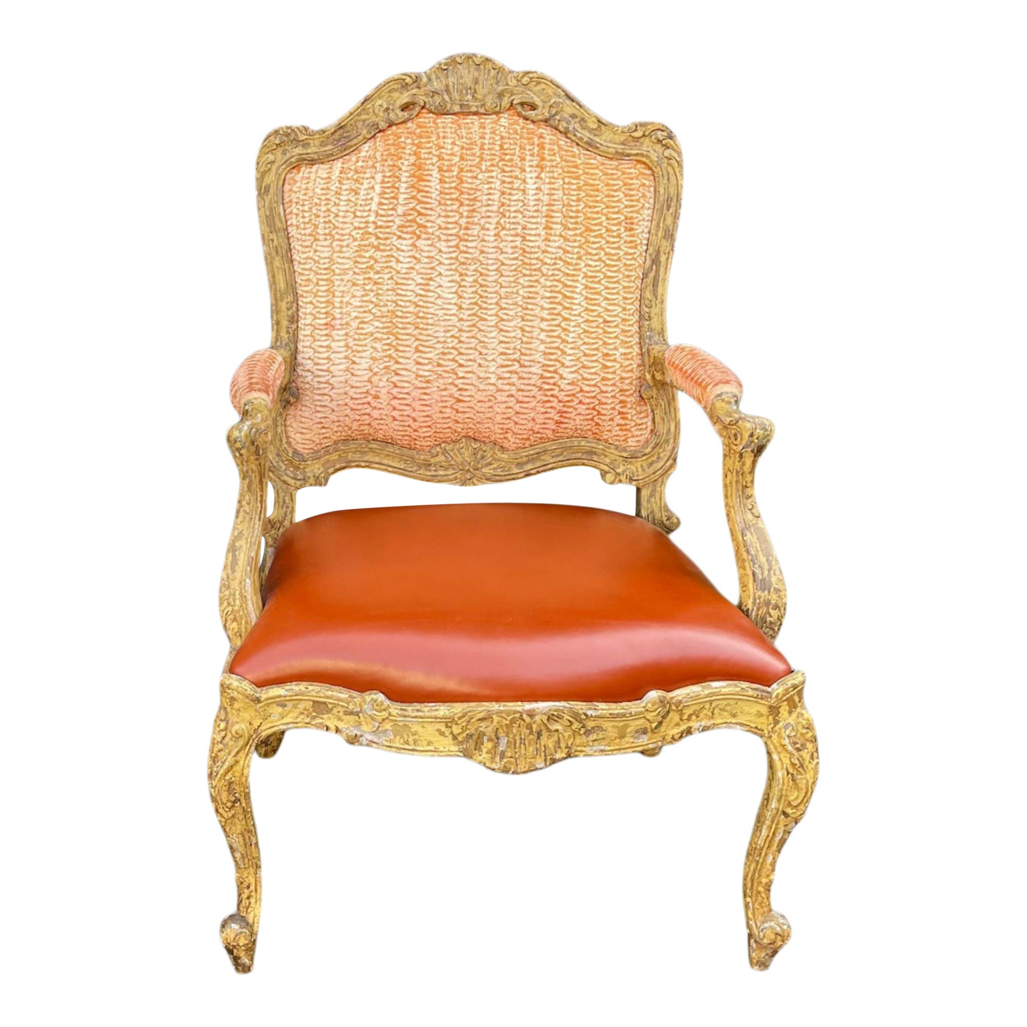 Sillón antiguo de cuero naranja estilo veneciano del siglo XVIII en venta