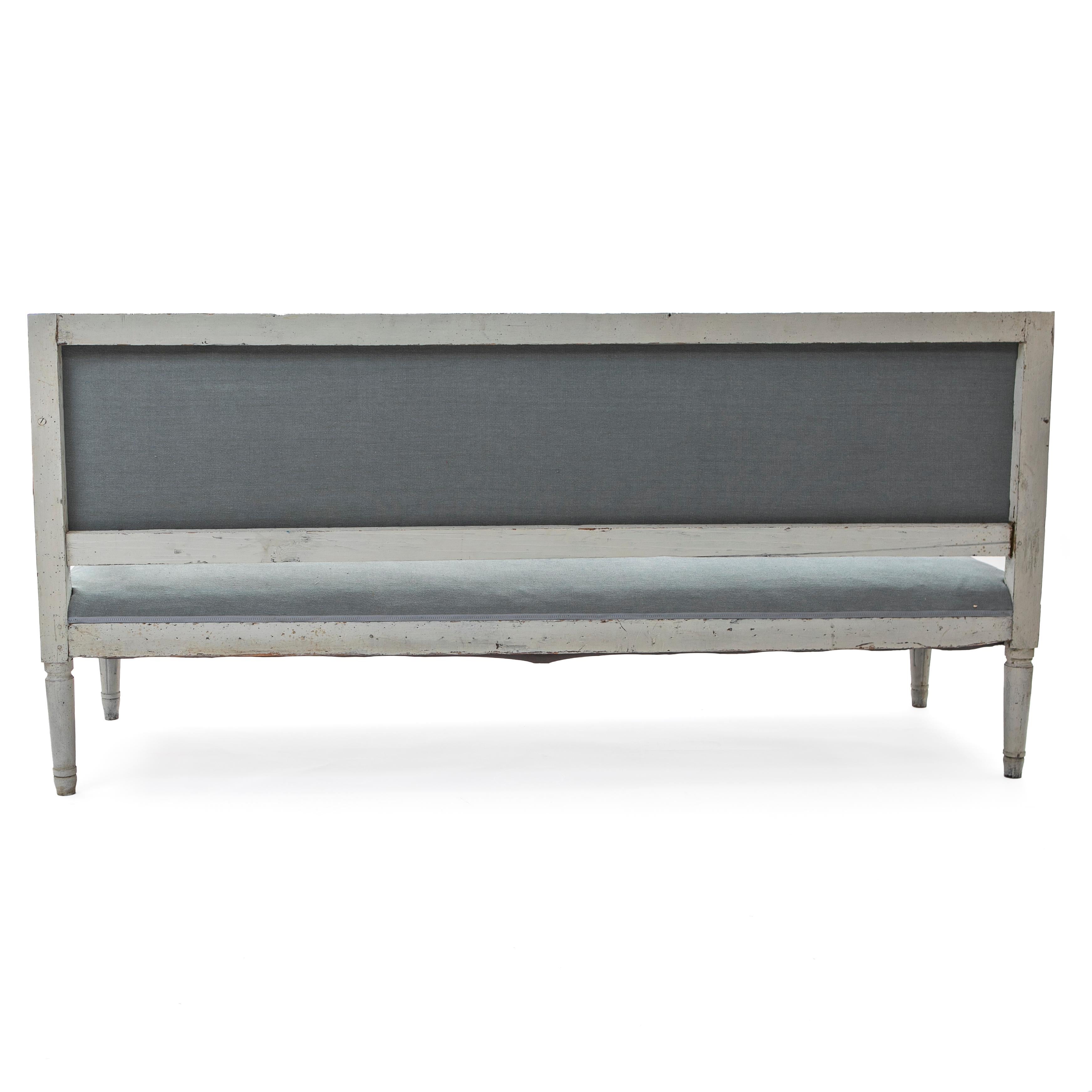 Swedish Gustavian White / Gray Painted Sofa Bench. Light Blue Fabric For Sale 1