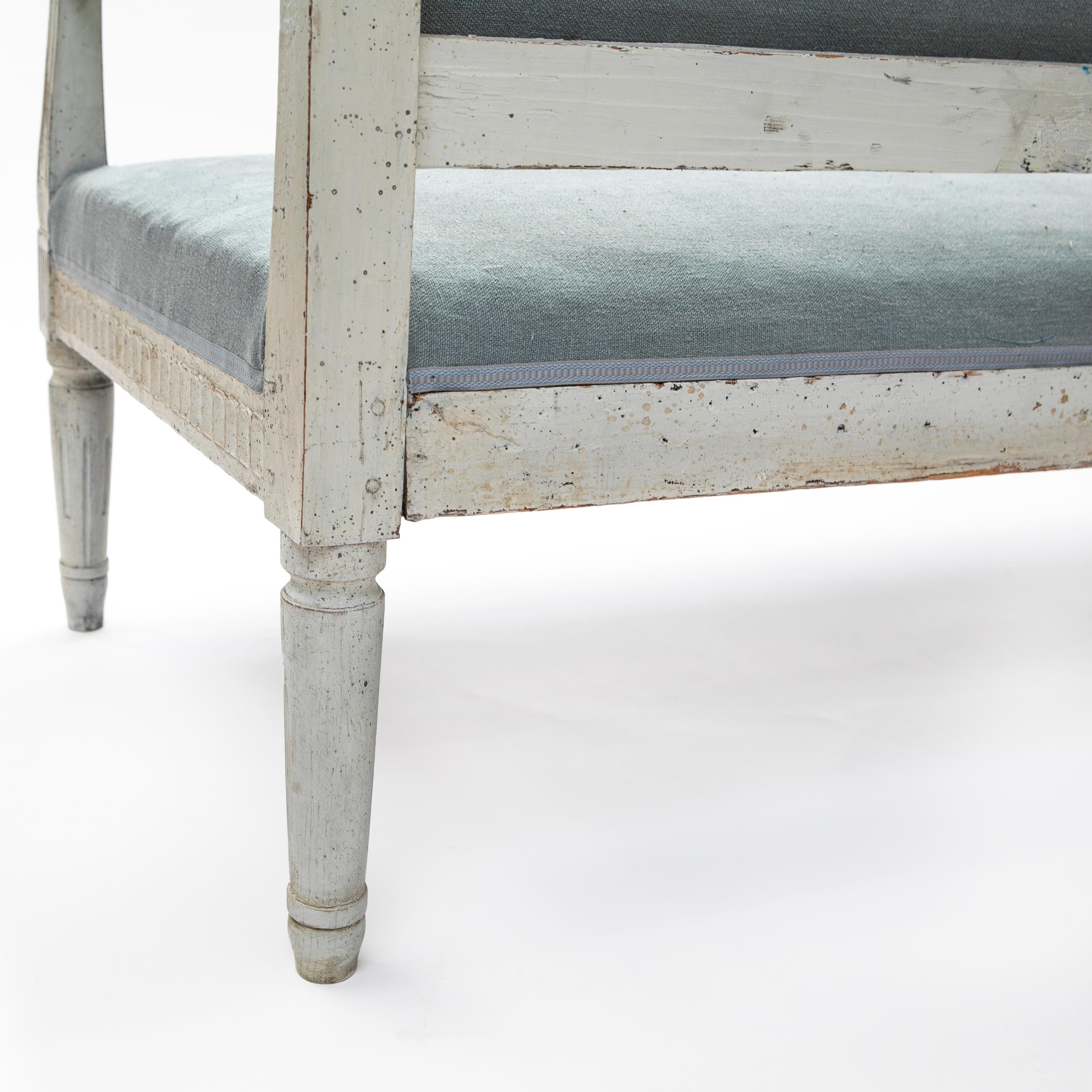 Swedish Gustavian White / Gray Painted Sofa Bench. Light Blue Fabric For Sale 2