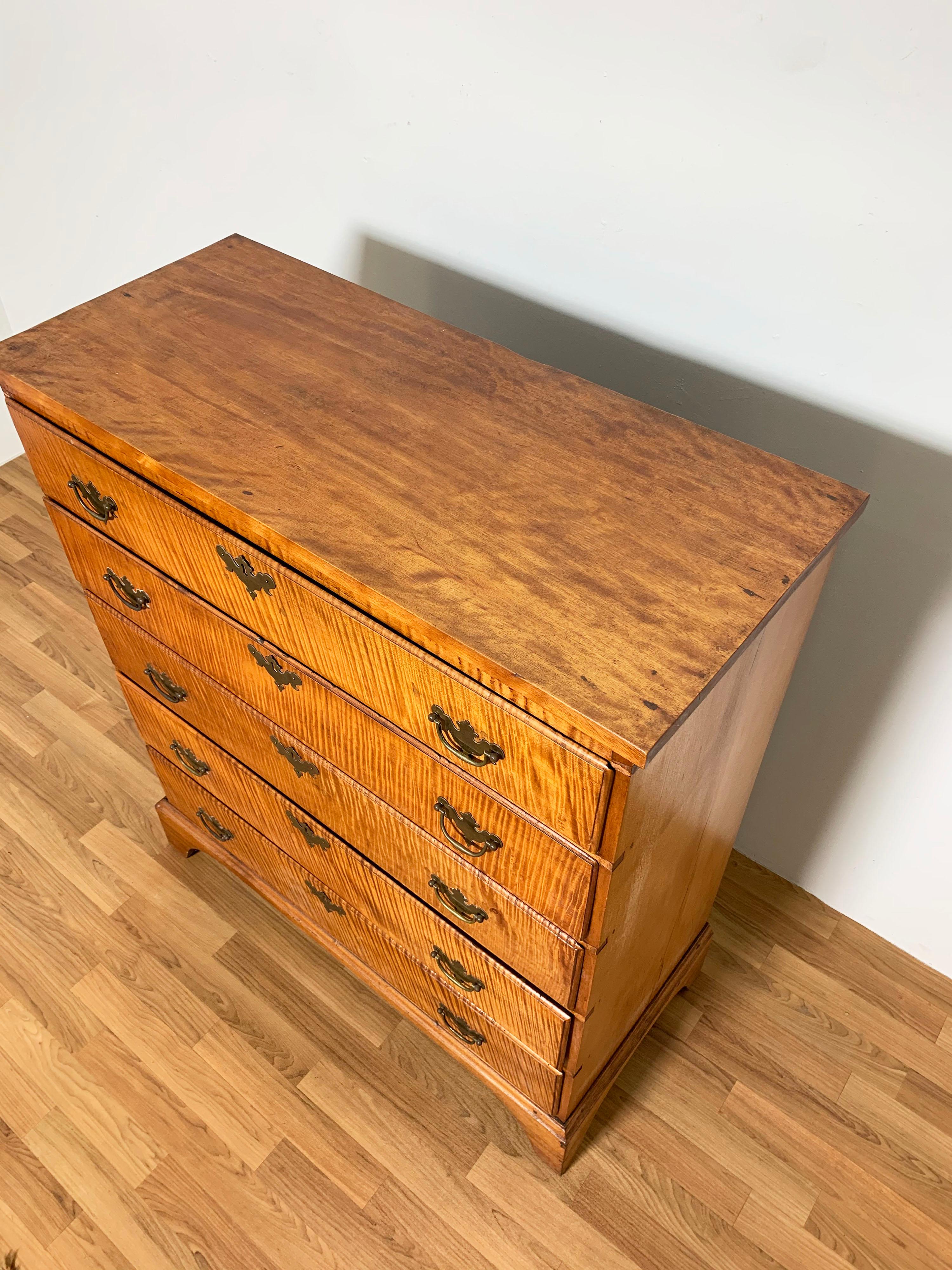 A Chippendale chest of five drawers in very expressive curly tiger maple, made in Massachusetts, ca. 1780.