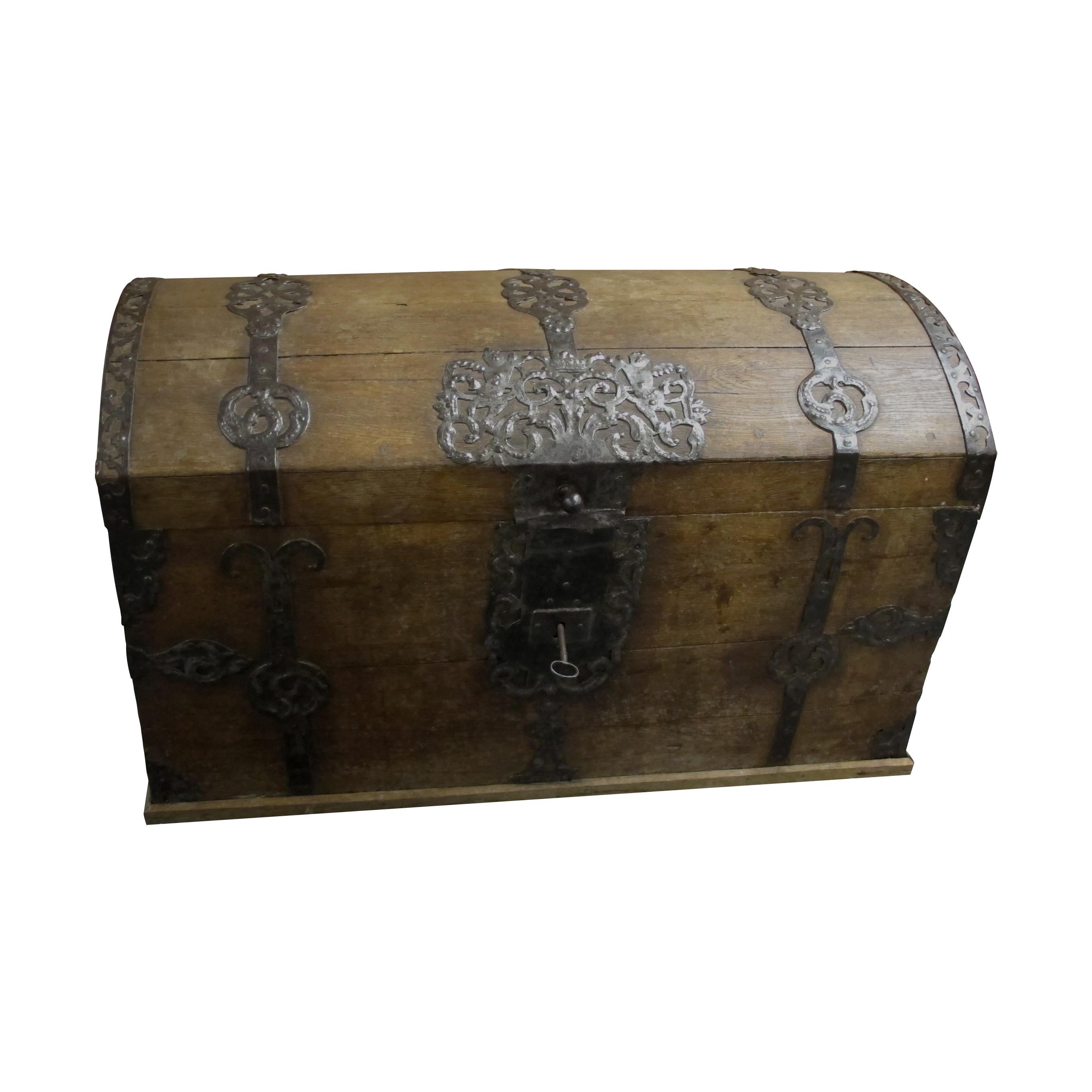 Baroque Antique 18th Century Trunk-Coffer with Dome Top and Ornate Metal Work
