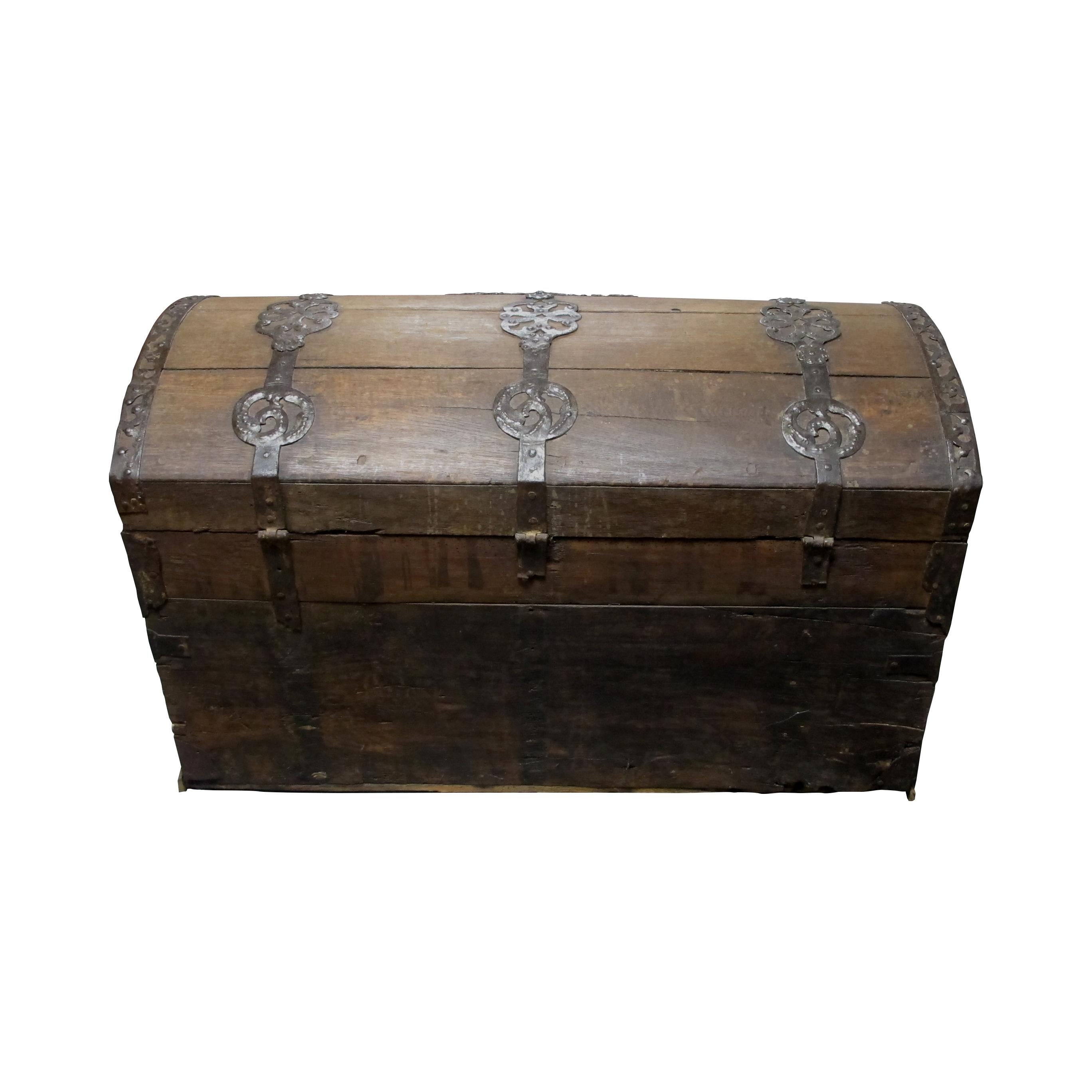 German Antique 18th Century Trunk-Coffer with Dome Top and Ornate Metal Work