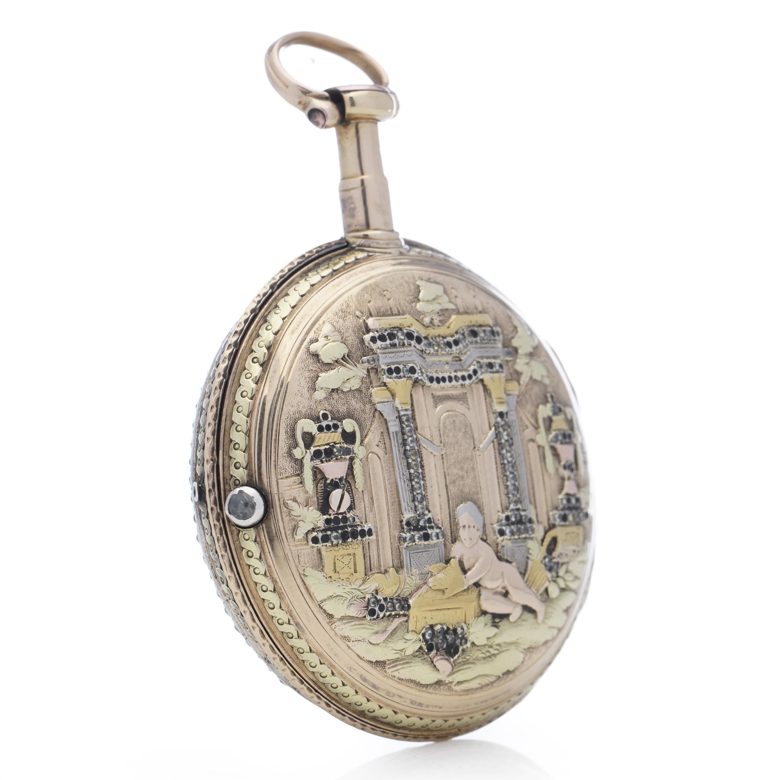 Antique 18th Century Verge Fusee Key Wind 18kt Gold and Silver Pocket Watch For Sale 3