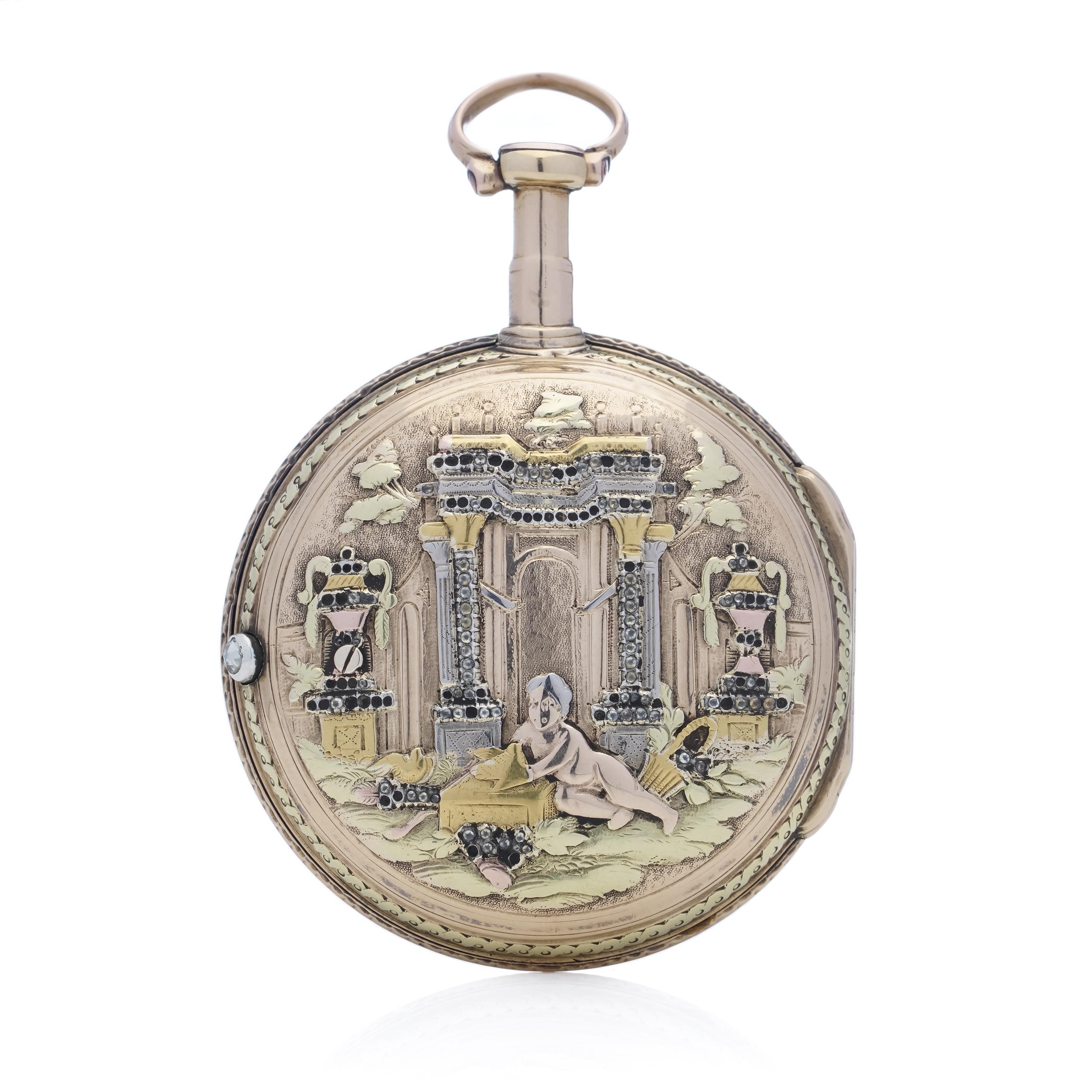 Antique 18th-century Verge Fusee Key wind 18kt gold and Silver pocket watch, decorated with Repoussé metal work and paste case. 

Made in France, 18th Century. 

Details:
Country: France
Circa Date: 1790's 
Case size: 40 mm 
Style: Open Face,