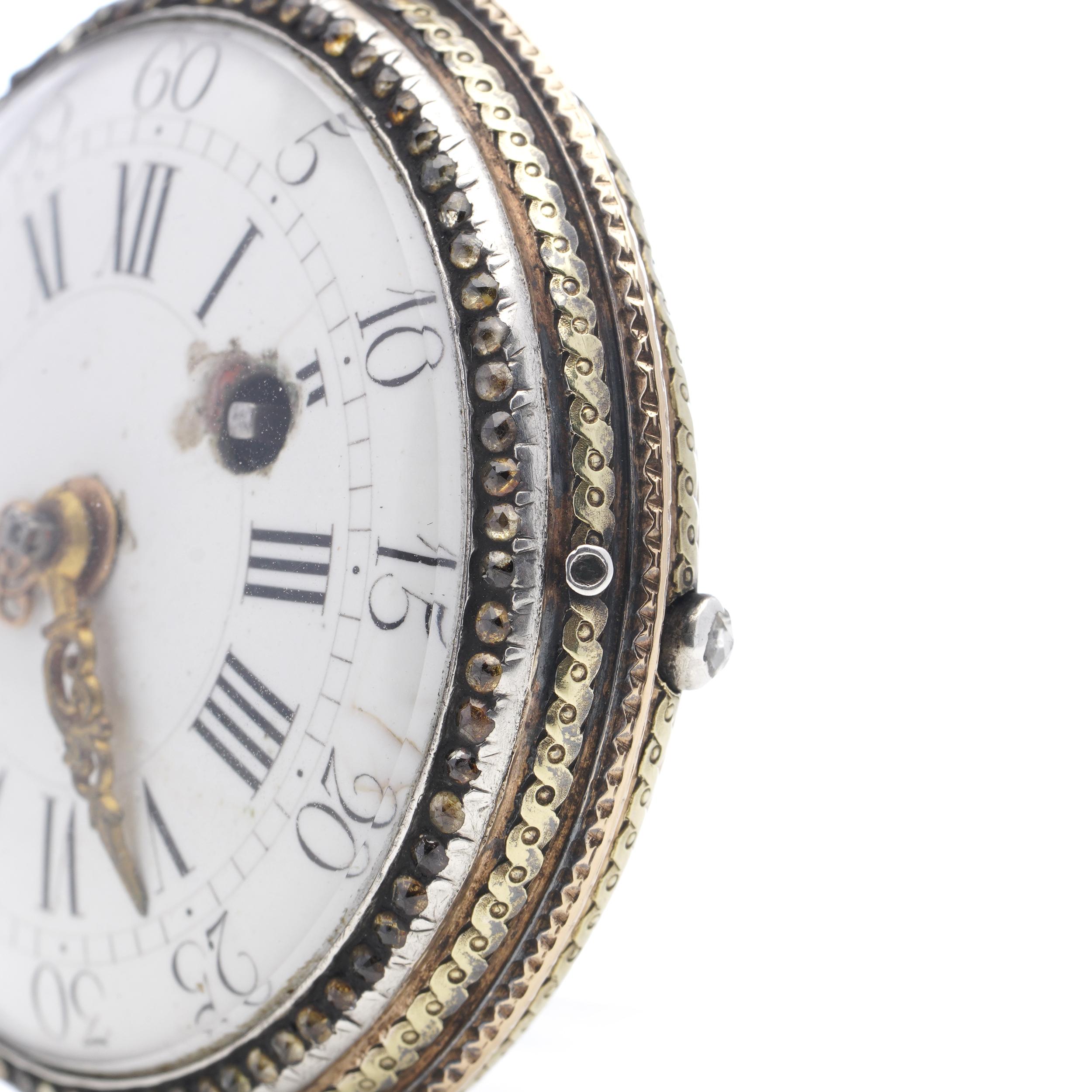 Antique 18th Century Verge Fusee Key Wind 18kt Gold and Silver Pocket Watch In Good Condition For Sale In Braintree, GB