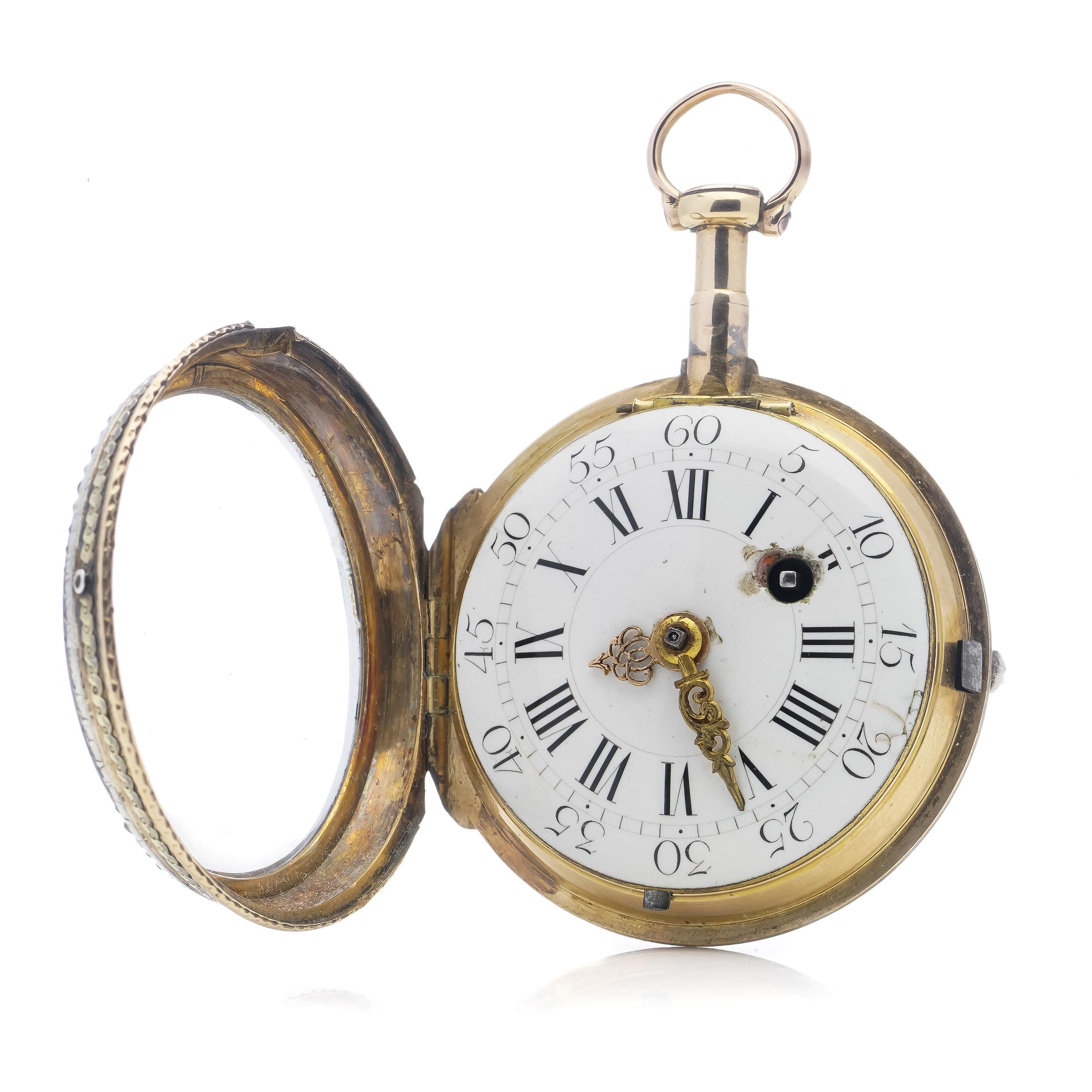 Men's Antique 18th Century Verge Fusee Key Wind 18kt Gold and Silver Pocket Watch For Sale