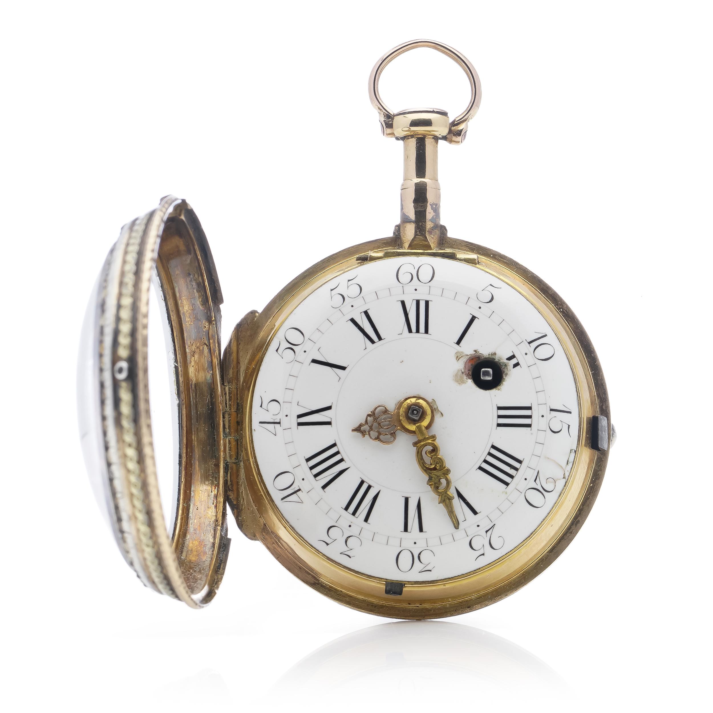 Antique 18th Century Verge Fusee Key Wind 18kt Gold and Silver Pocket Watch For Sale 1