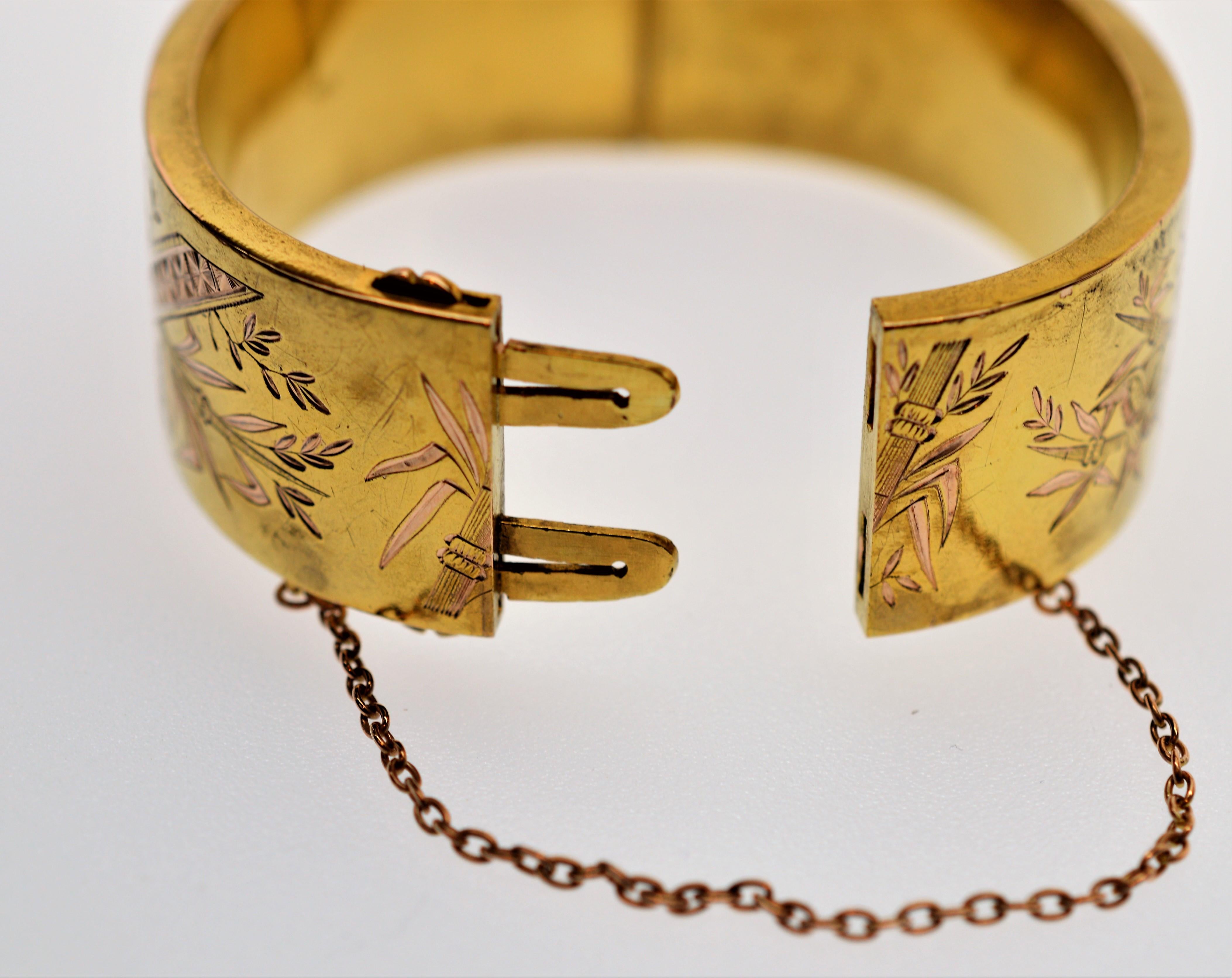 Antique 18th Century Victorian 14 Karat Gold Hand Engraved Wide Bangle Bracelet In Good Condition In Mount Kisco, NY