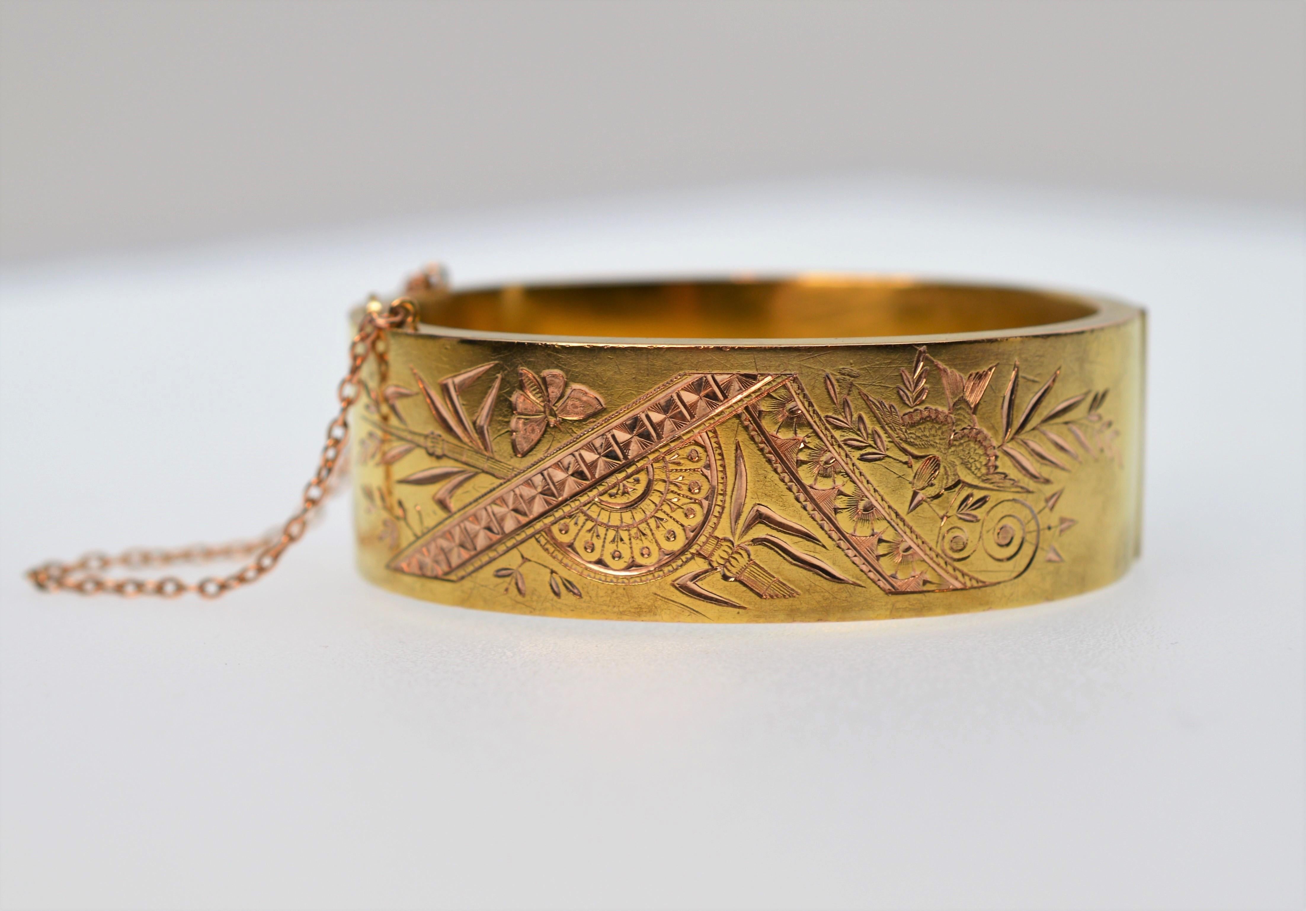 Women's Antique 18th Century Victorian 14 Karat Gold Hand Engraved Wide Bangle Bracelet