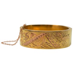 Antique 18th Century Victorian 14 Karat Gold Hand Engraved Wide Bangle Bracelet