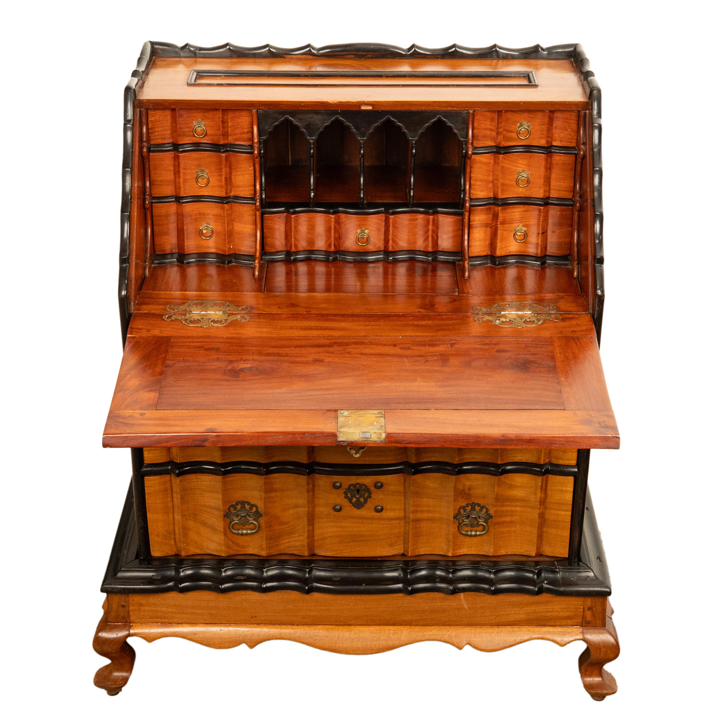 Brass Antique 18th Century VOC Dutch Colonial Padouk Ebony Secretary Desk Bureau 1730  For Sale