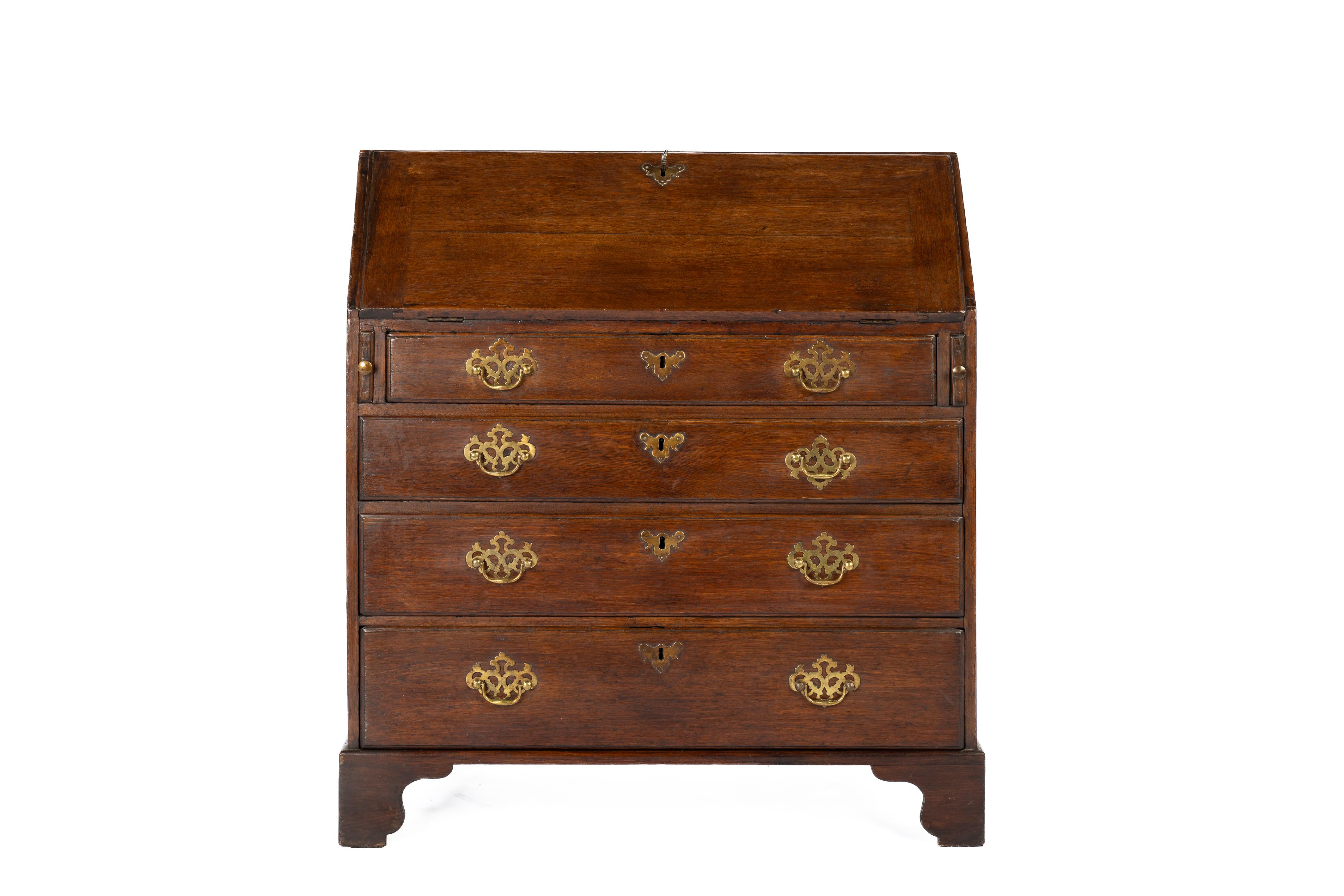 Polished Antique 18th century warm brown English Oak Queen Anne Slant-Front Desk For Sale
