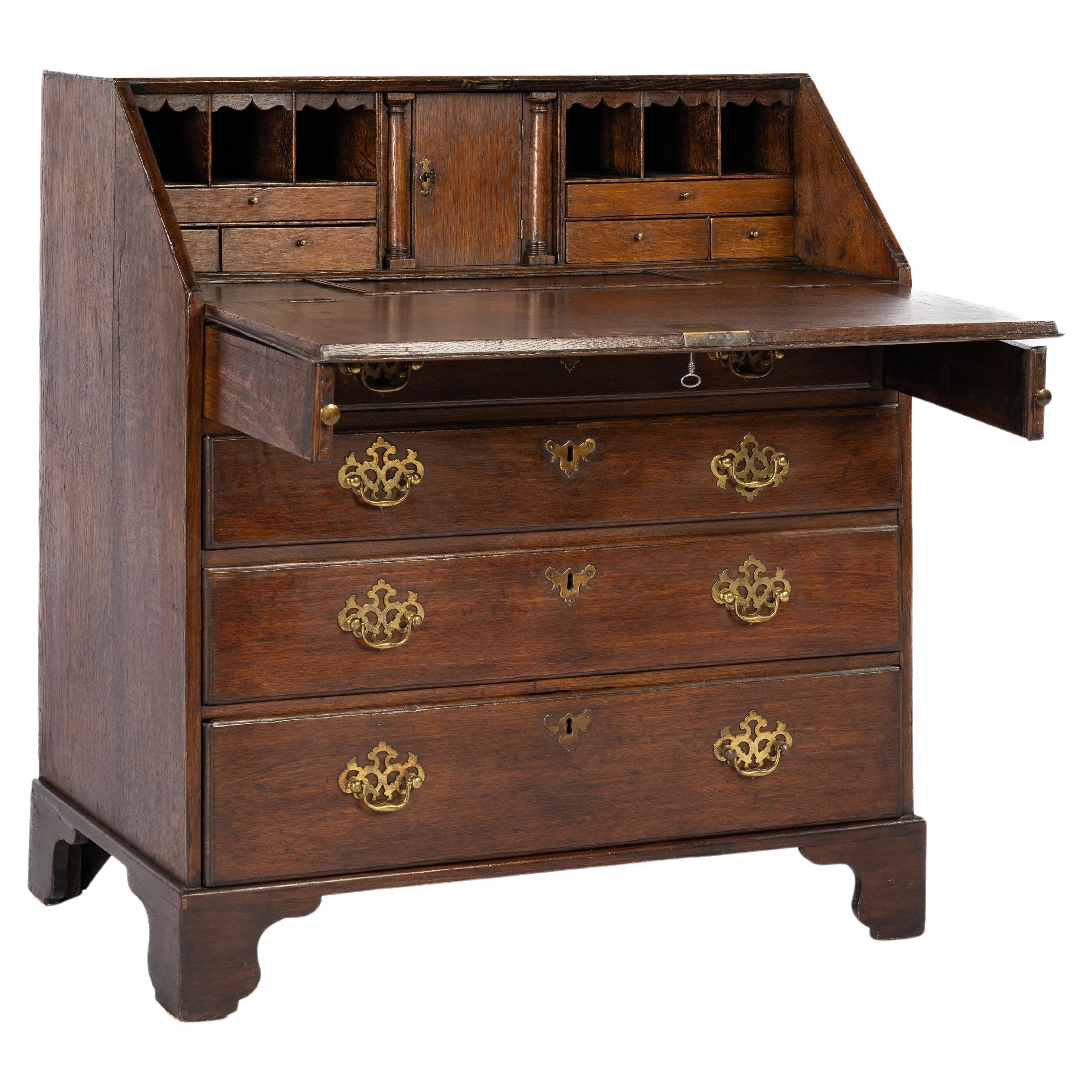 Antique 18th century warm brown English Oak Queen Anne Slant-Front Desk