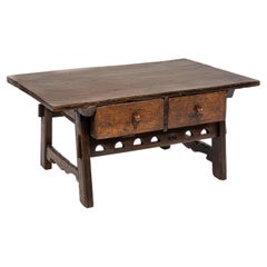 Antique 18th century warm brown solid chestnut carved Spanish coffee table