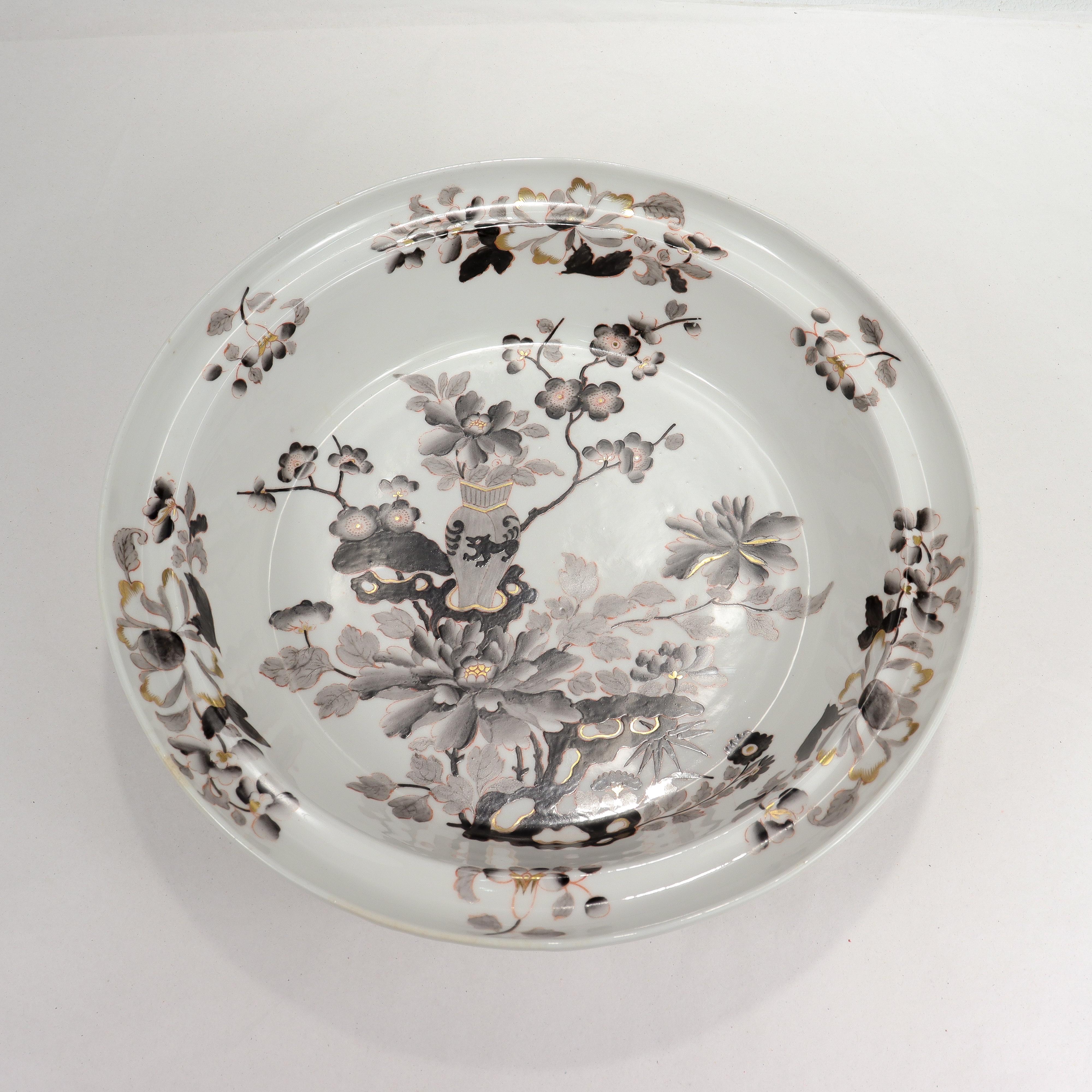 Gilt Antique 18th Century Worcester Porcelain Black Chinoiserie Bowl or Basin For Sale
