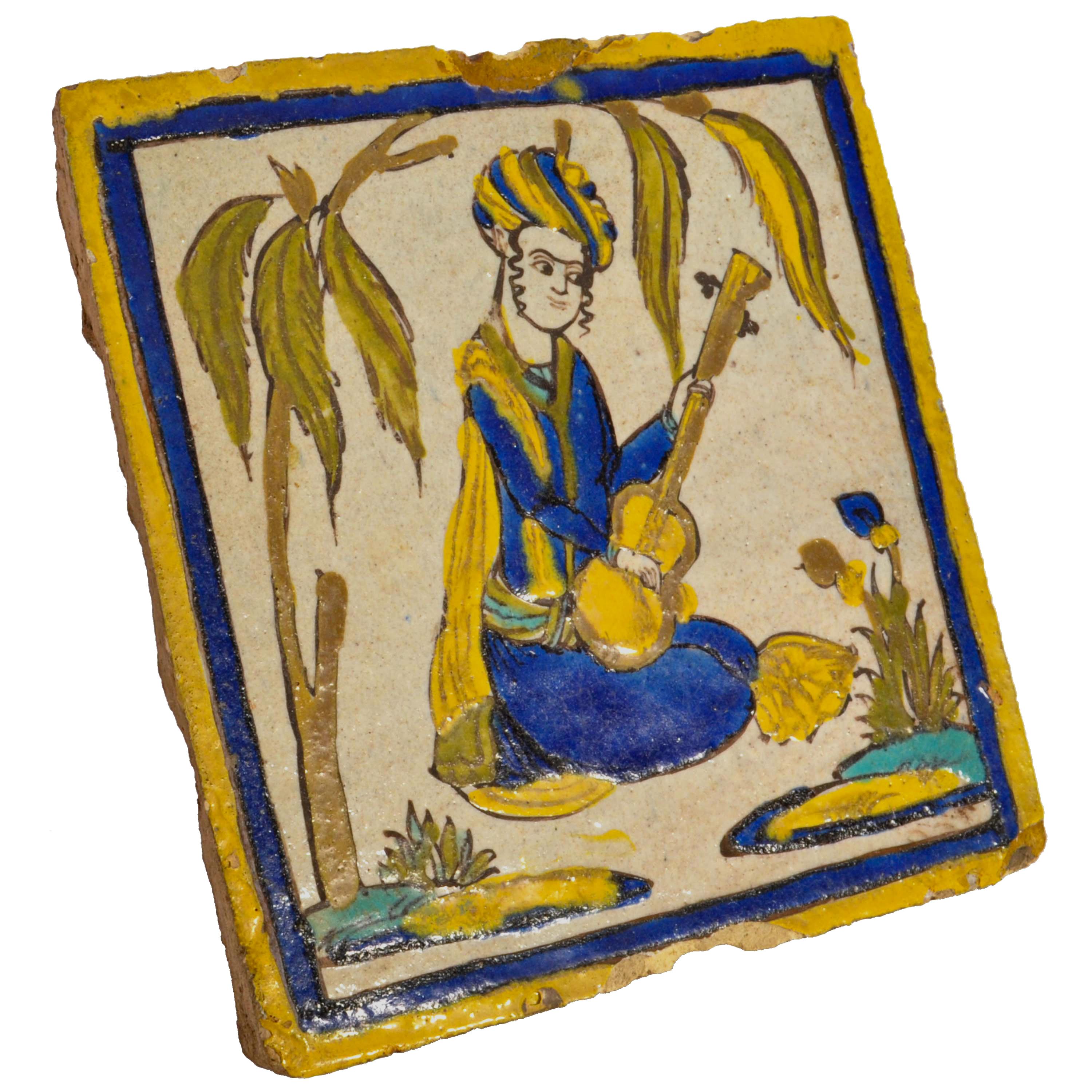 An antique Persian late Safavid or early Qajar period Islamic Cuerda Seca Pottery tile, circa 1780.
The tile of square form with a cream ground and polychrome decoration of a musician playing a Persian Tar, a stringed instrument of the mid 1700s.