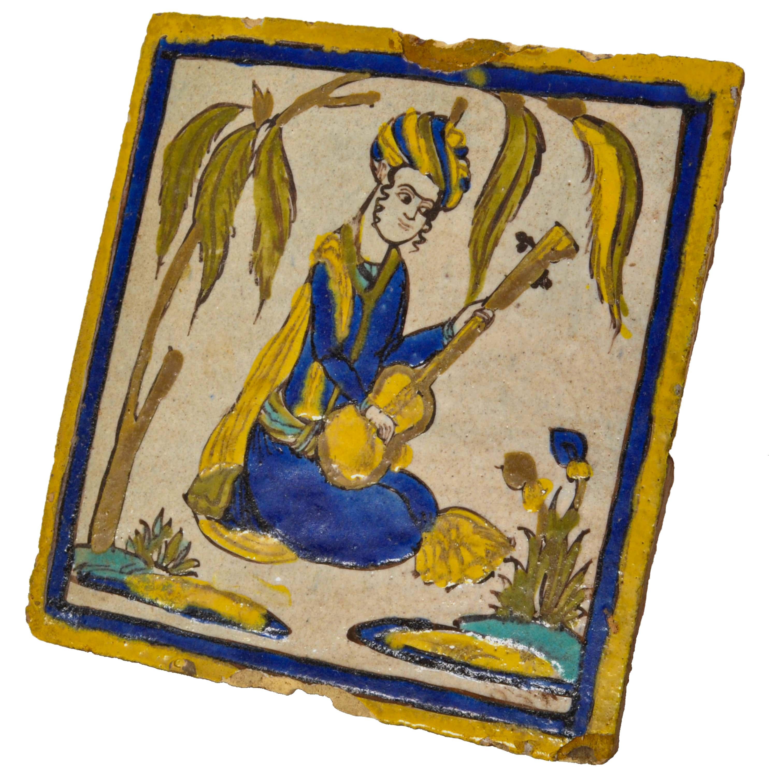 Glazed Antique 18th early 19th Century Persian Islamic Safavid Cuerda Seca Pottery Tile