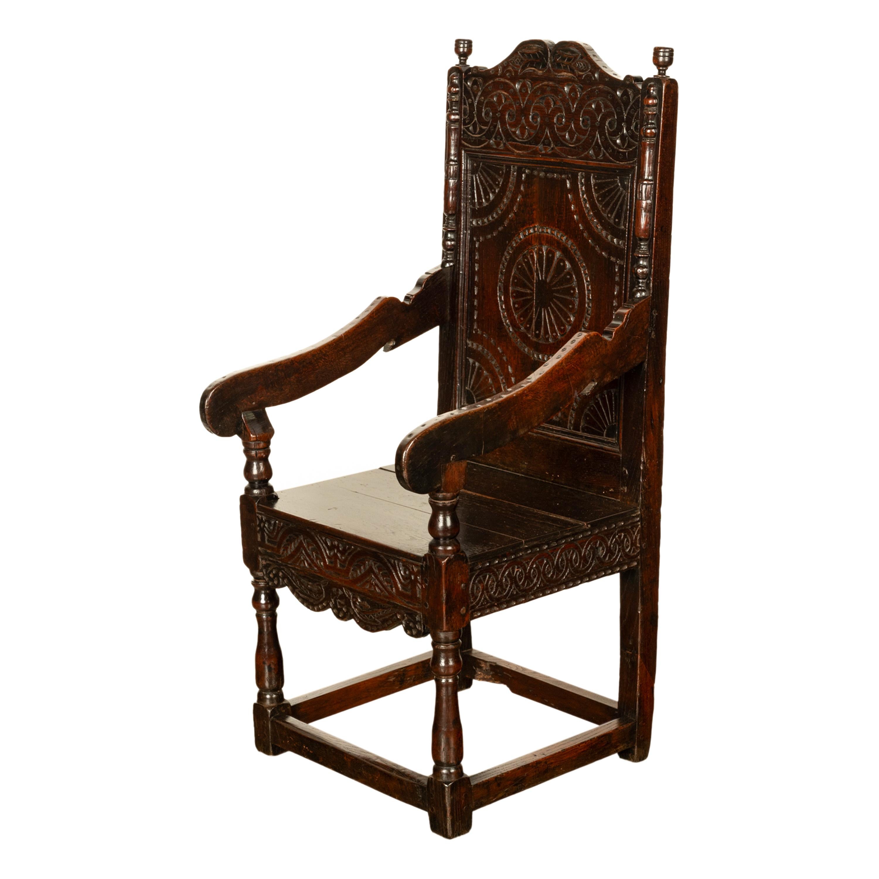 George I Ancienne chaise Wainscot en chêne sculpté géorgienne du 18ème siècle, Yorkshire 1720 en vente