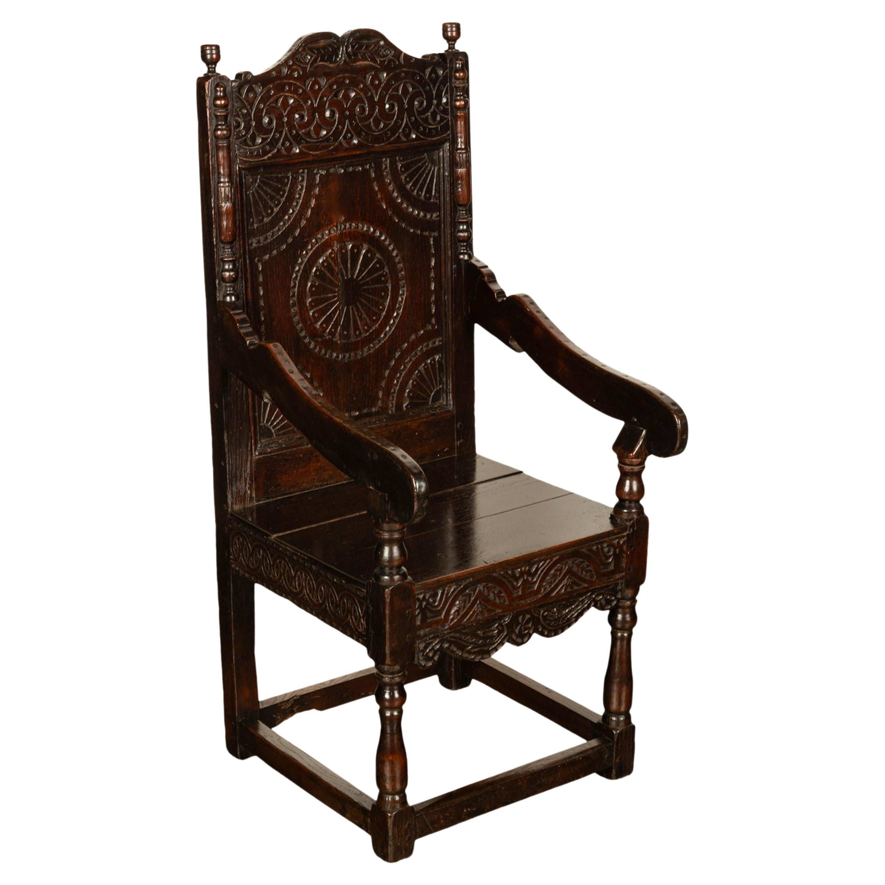 Antique 18th English Century Georgian Carved Oak Wainscot Chair Yorkshire 1720