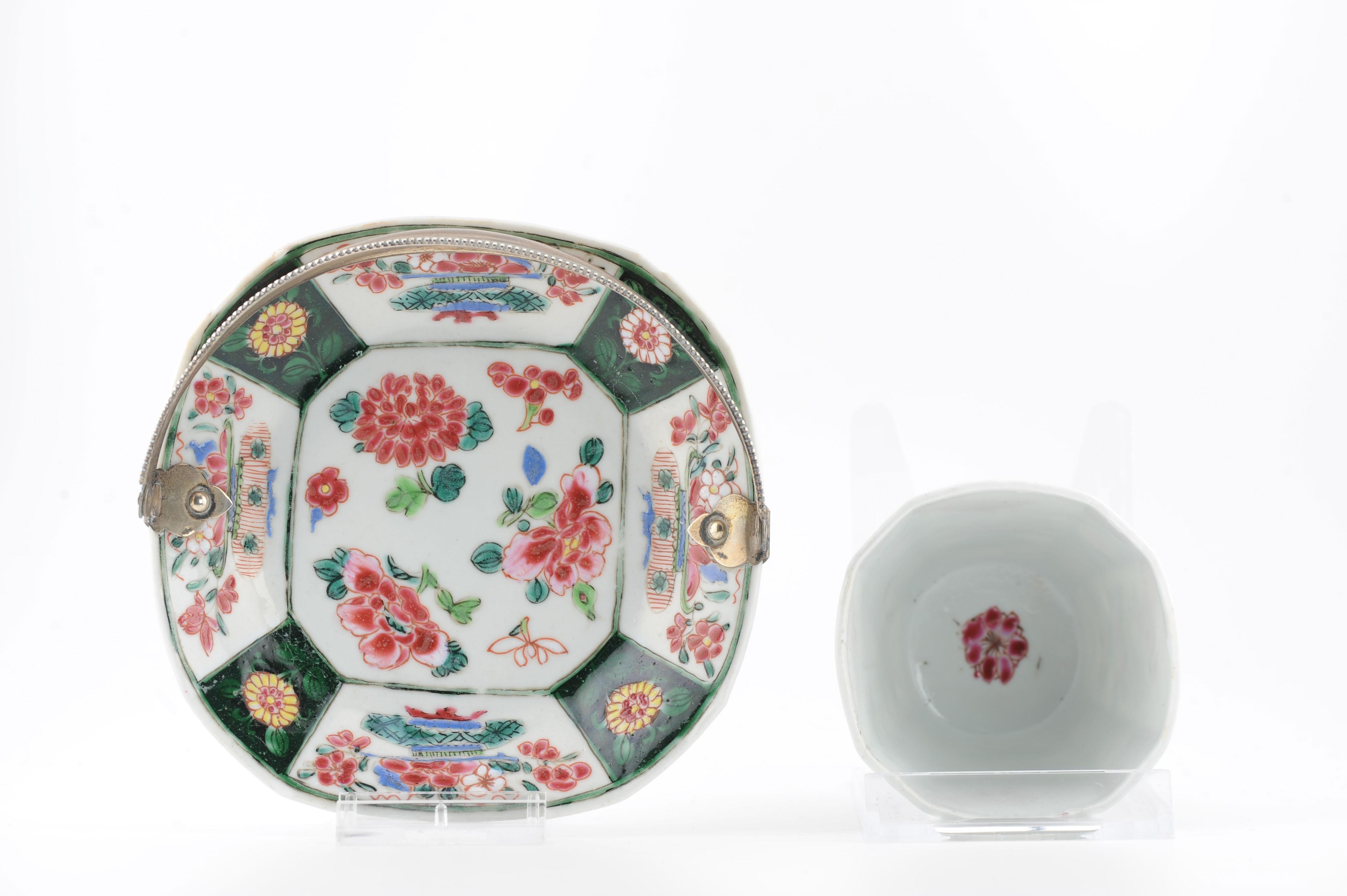 A Chinese Porcelain tea bowl with saucer dish which is made into a serving dish.
Kangxi/Yongzheng
Fantastic decoration Famille Rose and also black


Condition
dish with some frits and 1 hairline. cup with small star hairline in wall. Size: 7x6.5CM